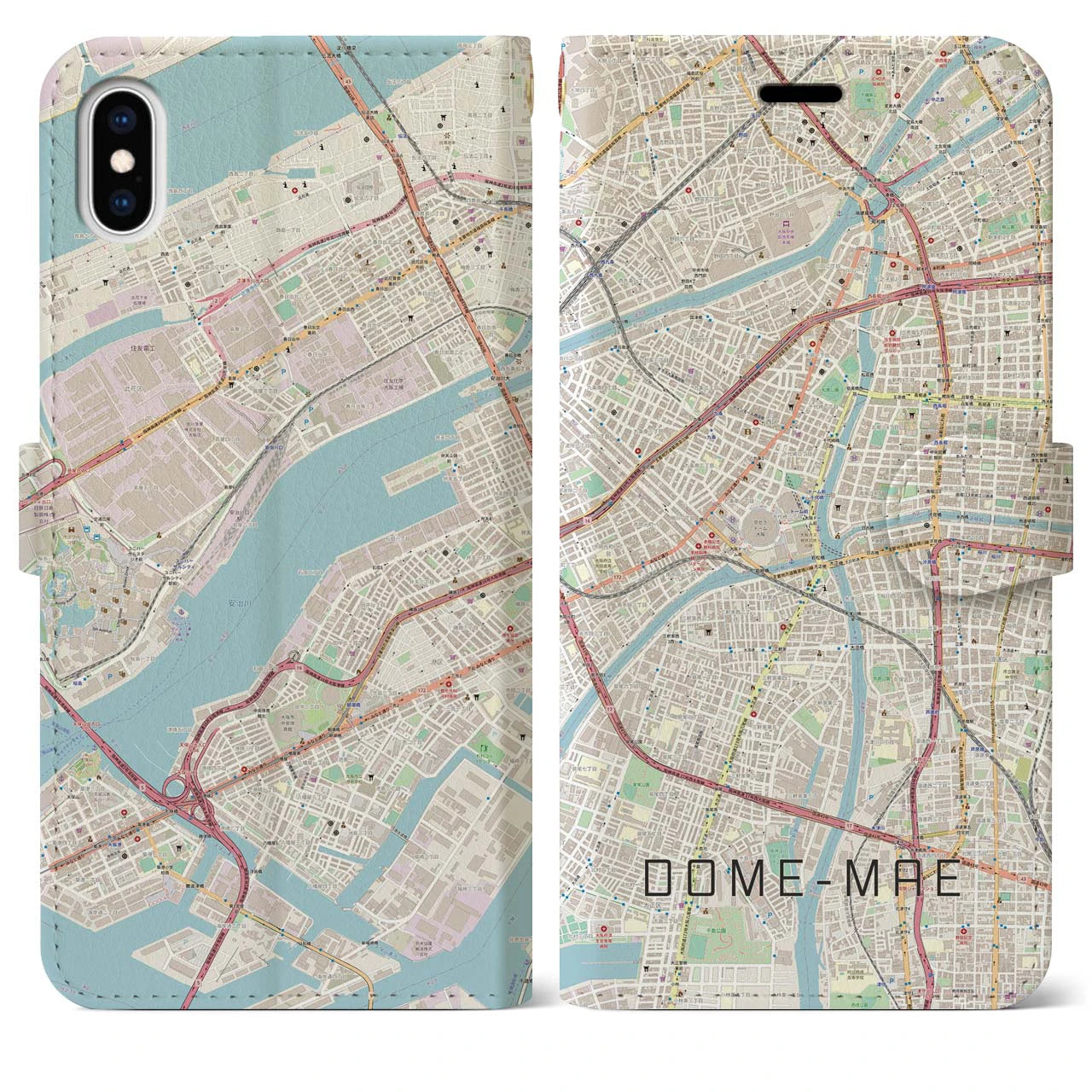 【ドーム前(大阪府)】地図柄iPhoneケース(手帳タイプ)ナチュラル・iPhone XS Max 用