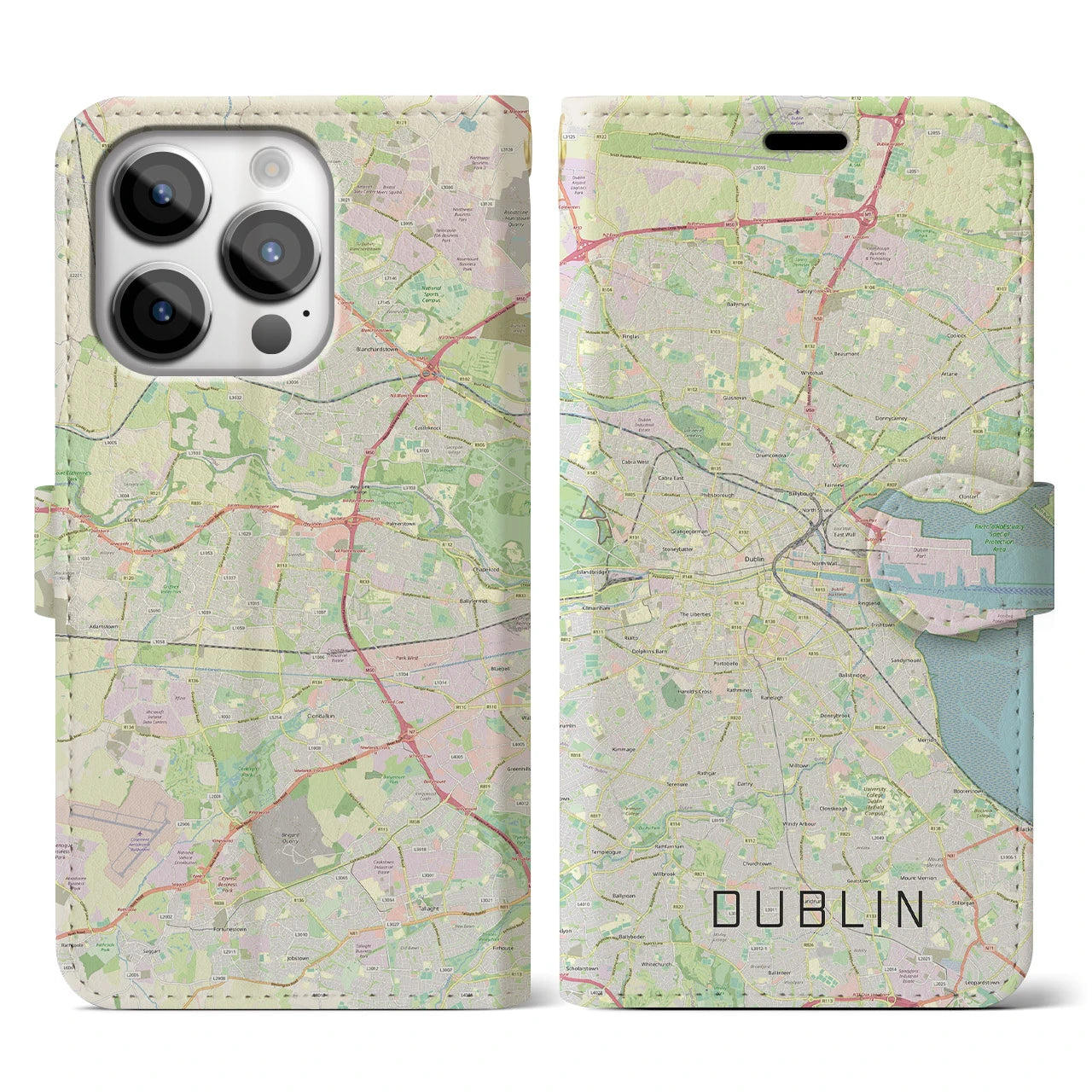 【ダブリン(アイルランド)】地図柄iPhoneケース(手帳タイプ)ナチュラル・iPhone 14 Pro 用