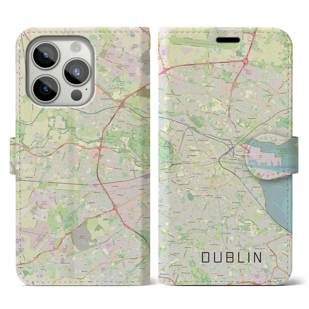 【ダブリン(アイルランド)】地図柄iPhoneケース(手帳タイプ)ナチュラル・iPhone 15 Pro 用