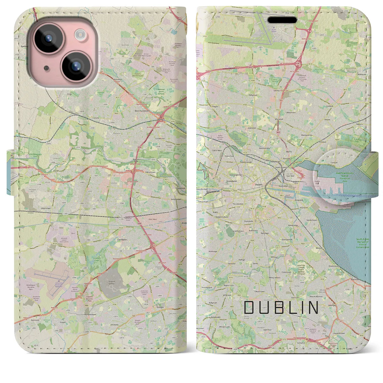 【ダブリン(アイルランド)】地図柄iPhoneケース(手帳タイプ)ナチュラル・iPhone 15 Plus 用