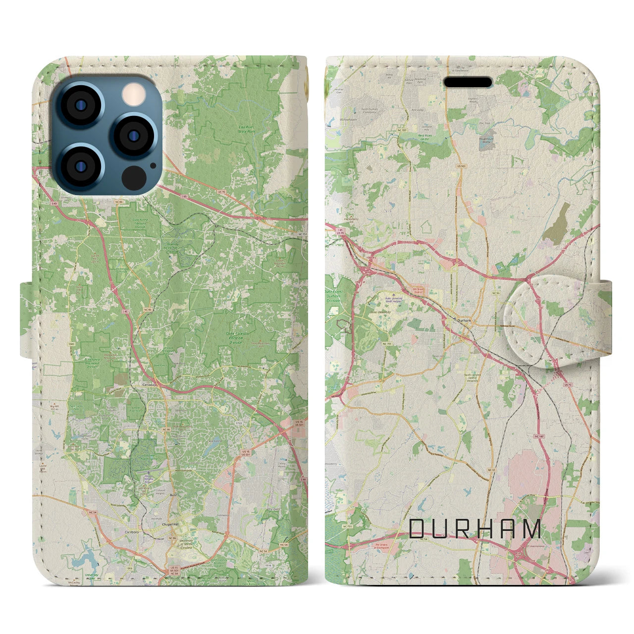 【ダーラム(アメリカ)】地図柄iPhoneケース(手帳タイプ)ナチュラル・iPhone 12 / 12 Pro 用