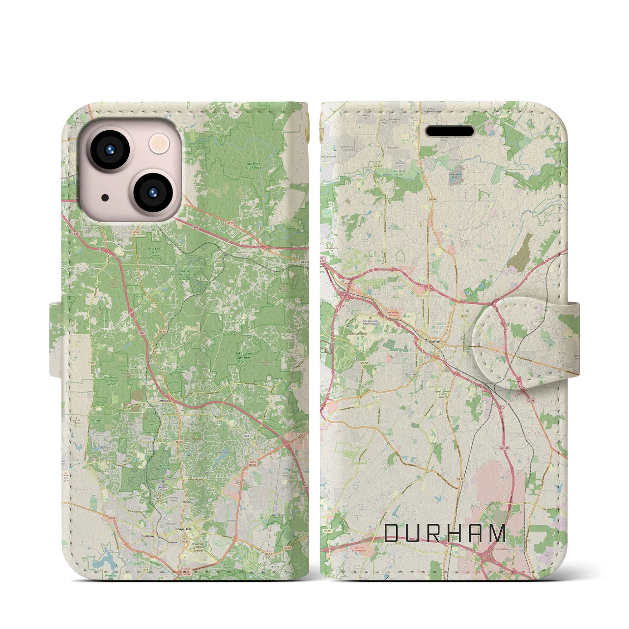 【ダーラム(アメリカ)】地図柄iPhoneケース(手帳タイプ)ナチュラル・iPhone 13 mini 用