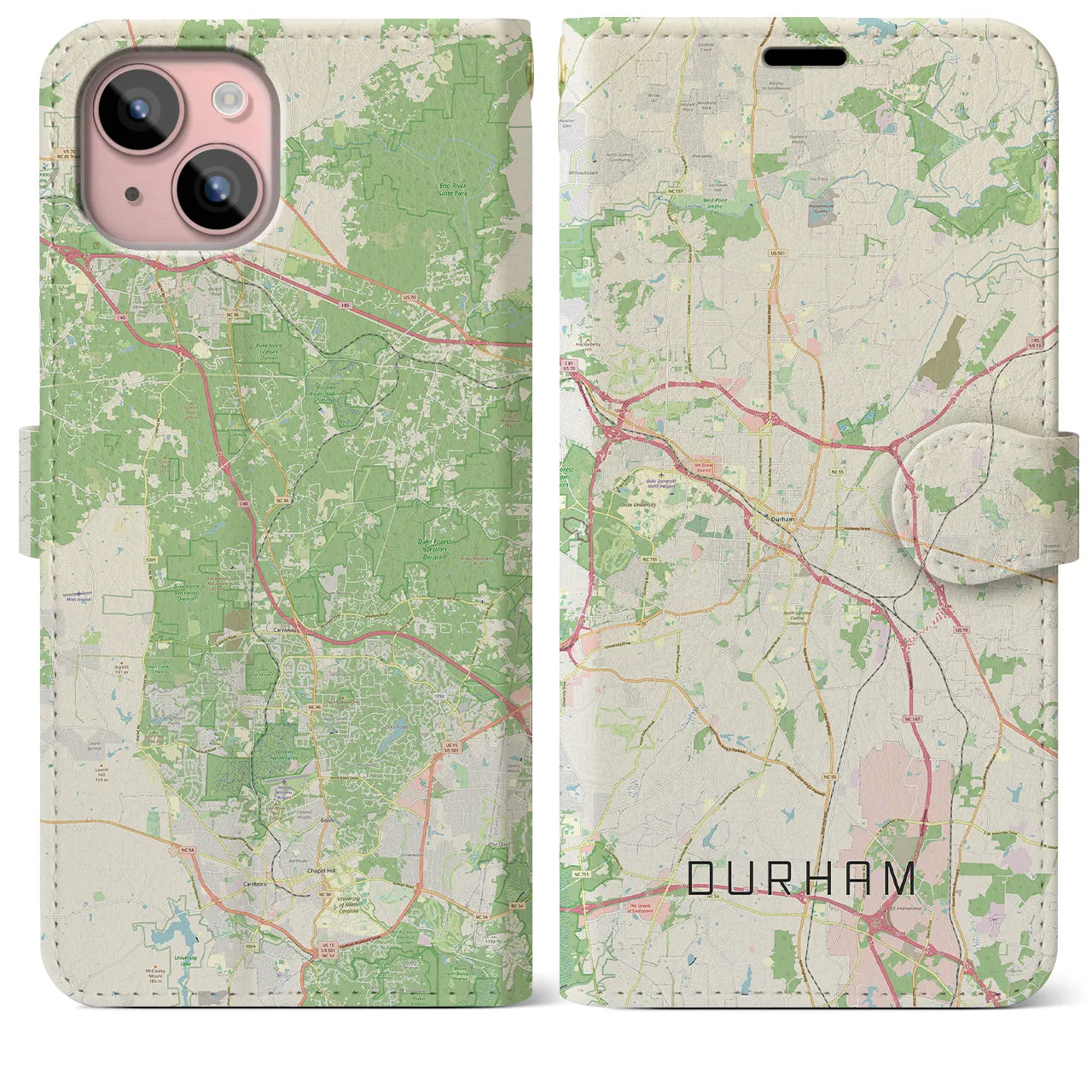 【ダーラム(アメリカ)】地図柄iPhoneケース(手帳タイプ)ナチュラル・iPhone 15 Plus 用
