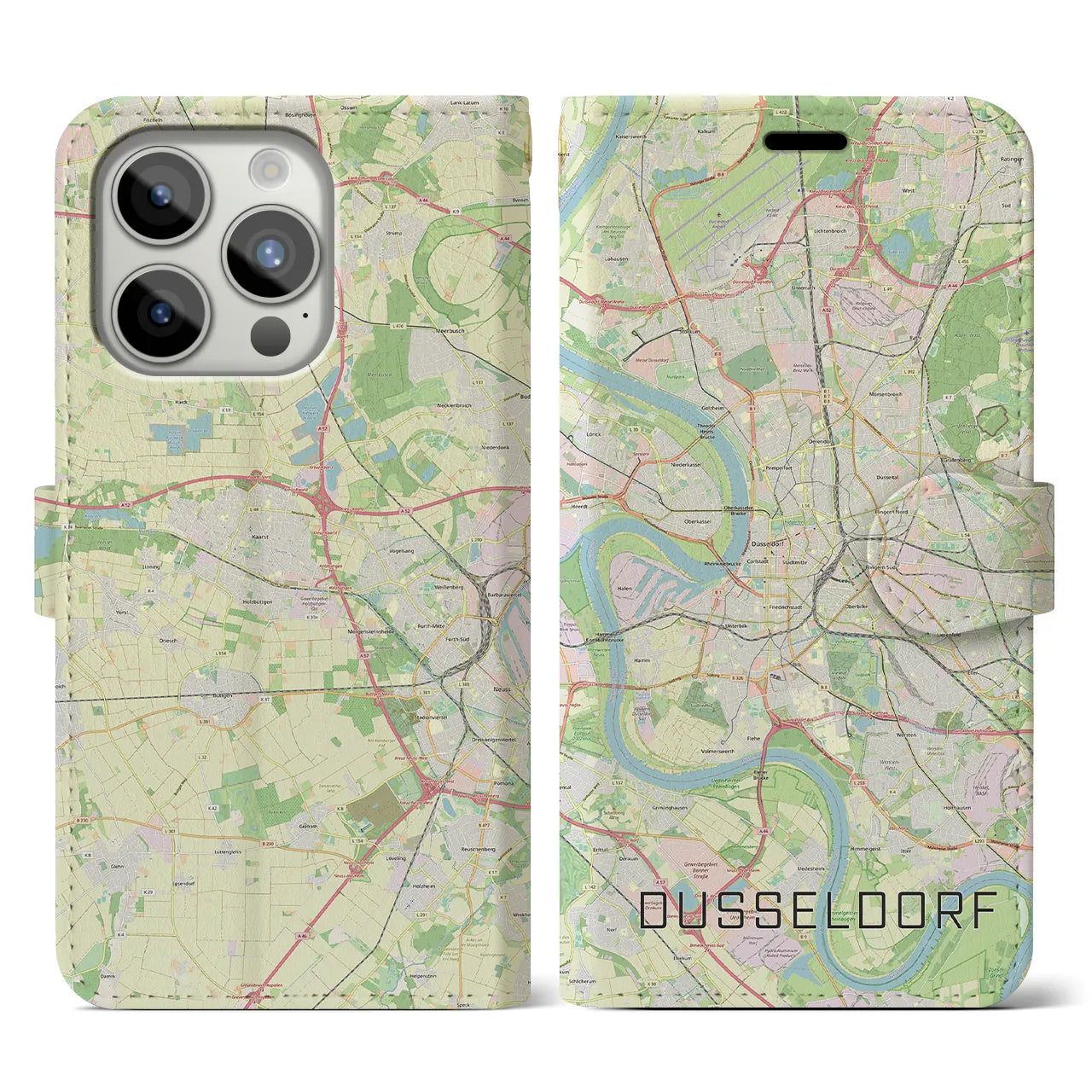 【デュッセルドルフ(ドイツ)】地図柄iPhoneケース(手帳タイプ)ナチュラル・iPhone 15 Pro 用