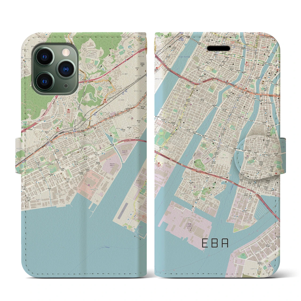 【江波(広島県)】地図柄iPhoneケース(手帳タイプ)ナチュラル・iPhone 11 Pro 用