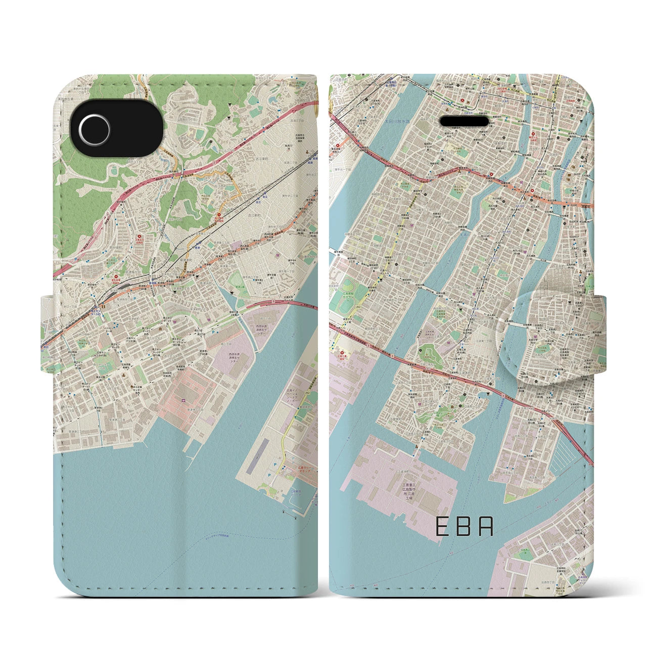 【江波(広島県)】地図柄iPhoneケース(手帳タイプ)ナチュラル・iPhone SE(第3 / 第2世代) / 8 / 7 / 6s / 6 用