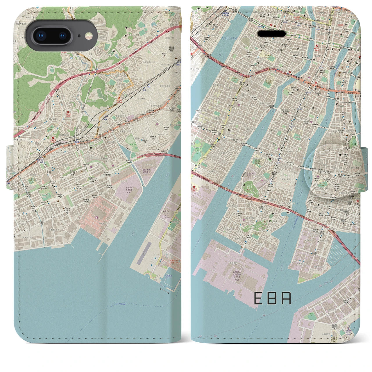【江波(広島県)】地図柄iPhoneケース(手帳タイプ)ナチュラル・iPhone 8Plus /7Plus / 6sPlus / 6Plus 用