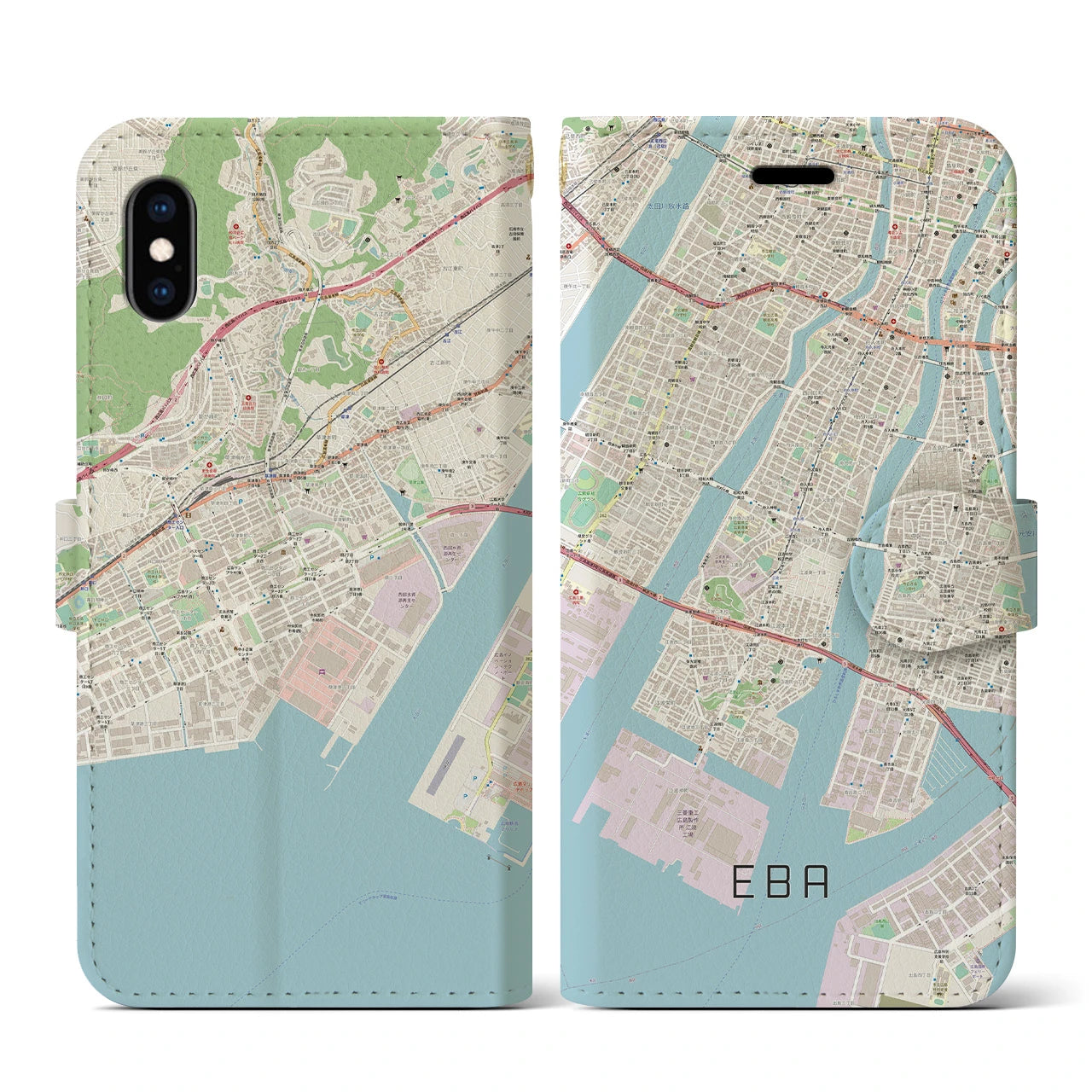 【江波(広島県)】地図柄iPhoneケース(手帳タイプ)ナチュラル・iPhone XS / X 用