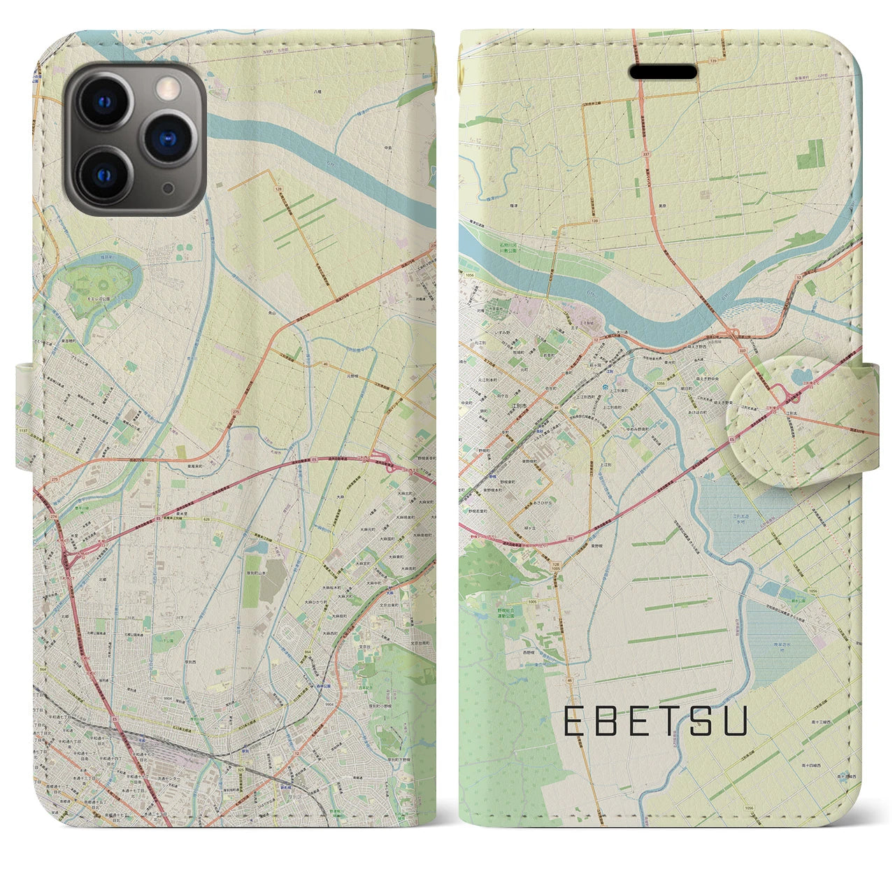 【江別(北海道)】地図柄iPhoneケース(手帳タイプ)ナチュラル・iPhone 11 Pro Max 用