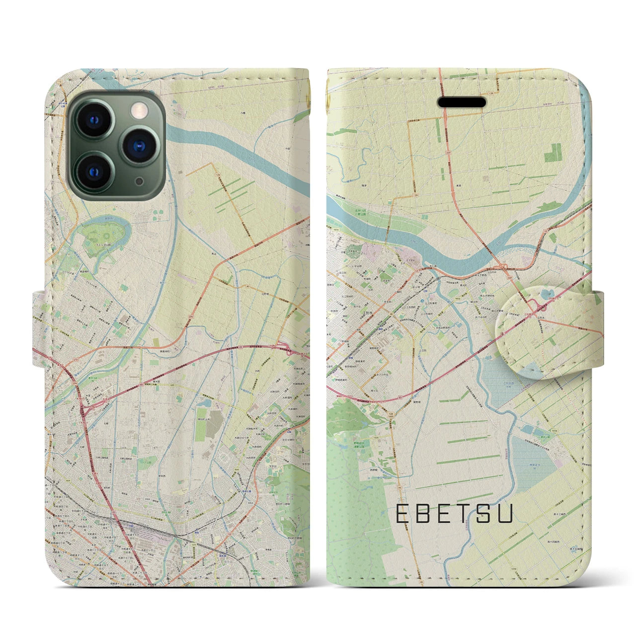 【江別(北海道)】地図柄iPhoneケース(手帳タイプ)ナチュラル・iPhone 11 Pro 用