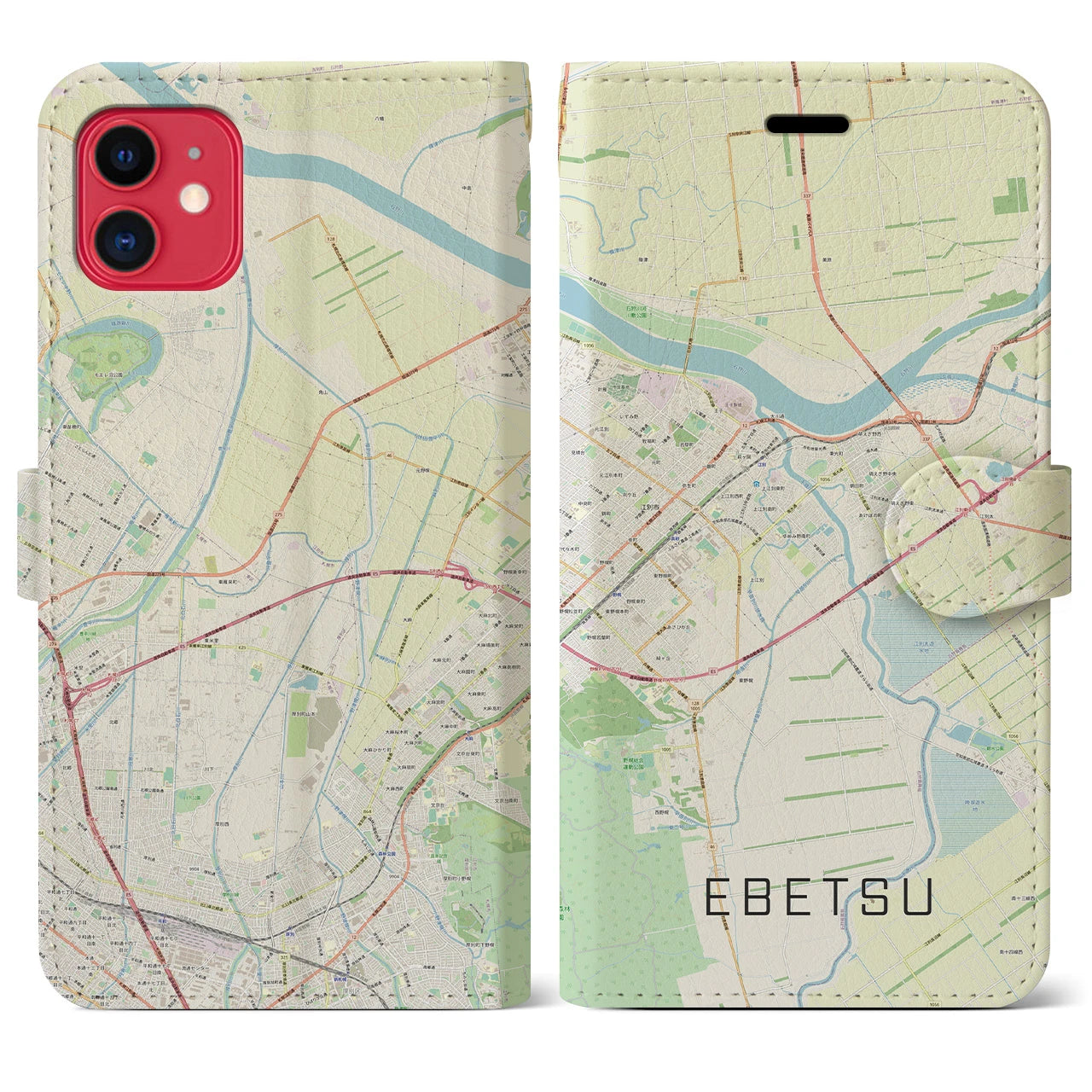 【江別(北海道)】地図柄iPhoneケース(手帳タイプ)ナチュラル・iPhone 11 用