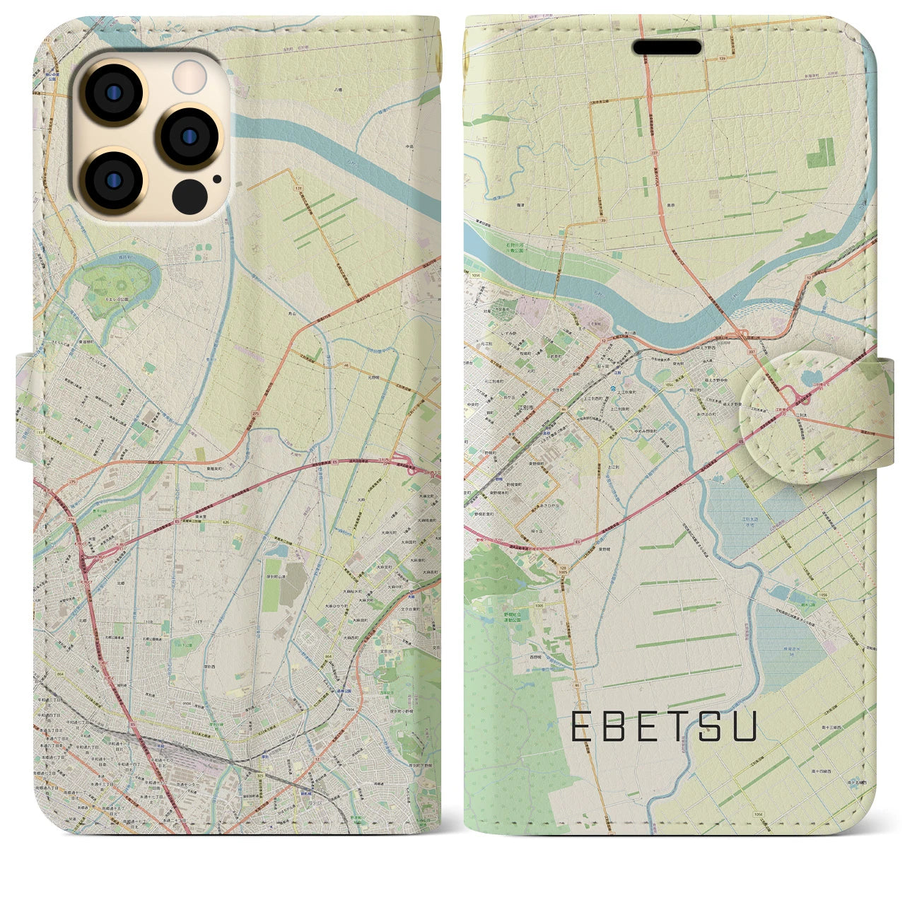 【江別(北海道)】地図柄iPhoneケース(手帳タイプ)ナチュラル・iPhone 12 Pro Max 用