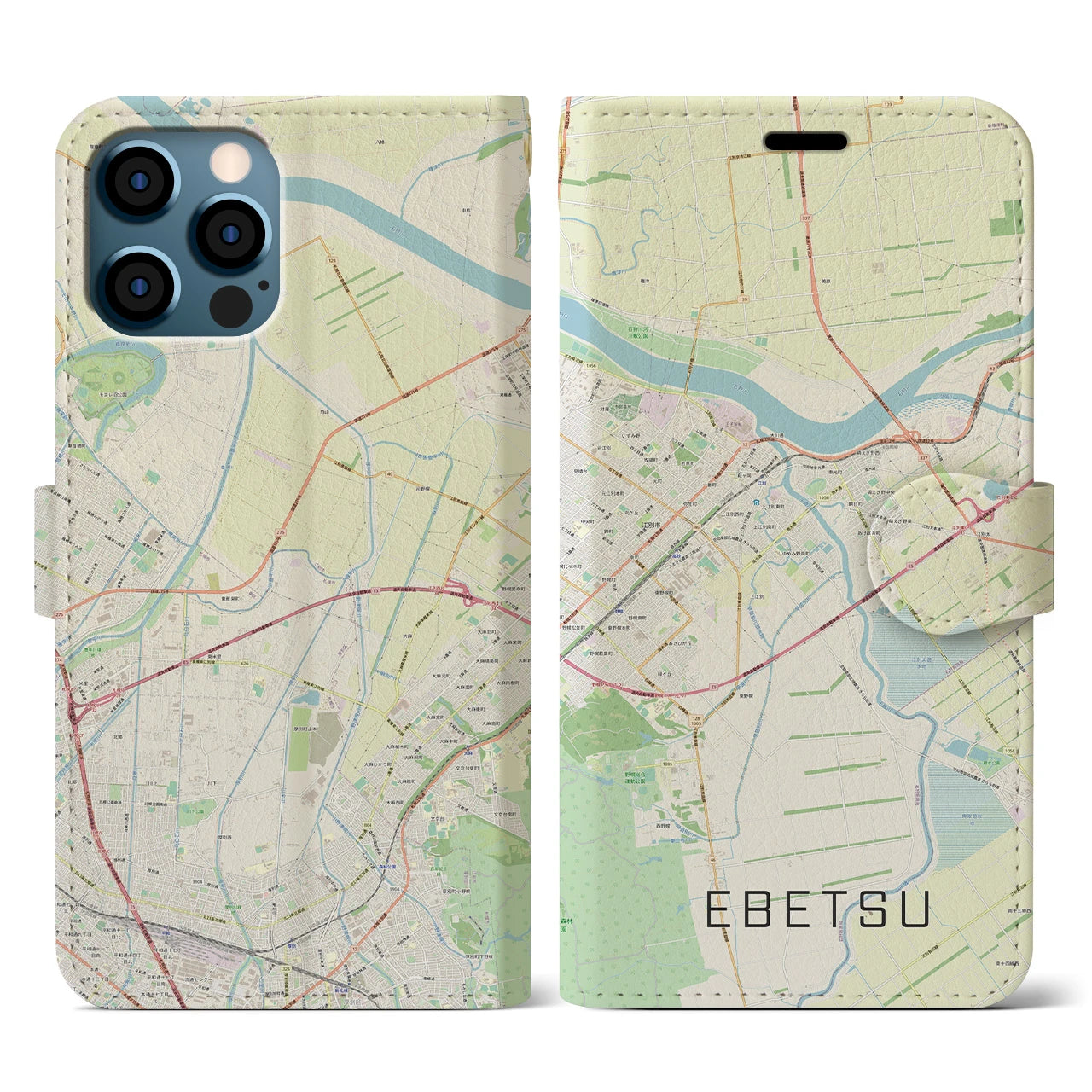【江別(北海道)】地図柄iPhoneケース(手帳タイプ)ナチュラル・iPhone 12 / 12 Pro 用