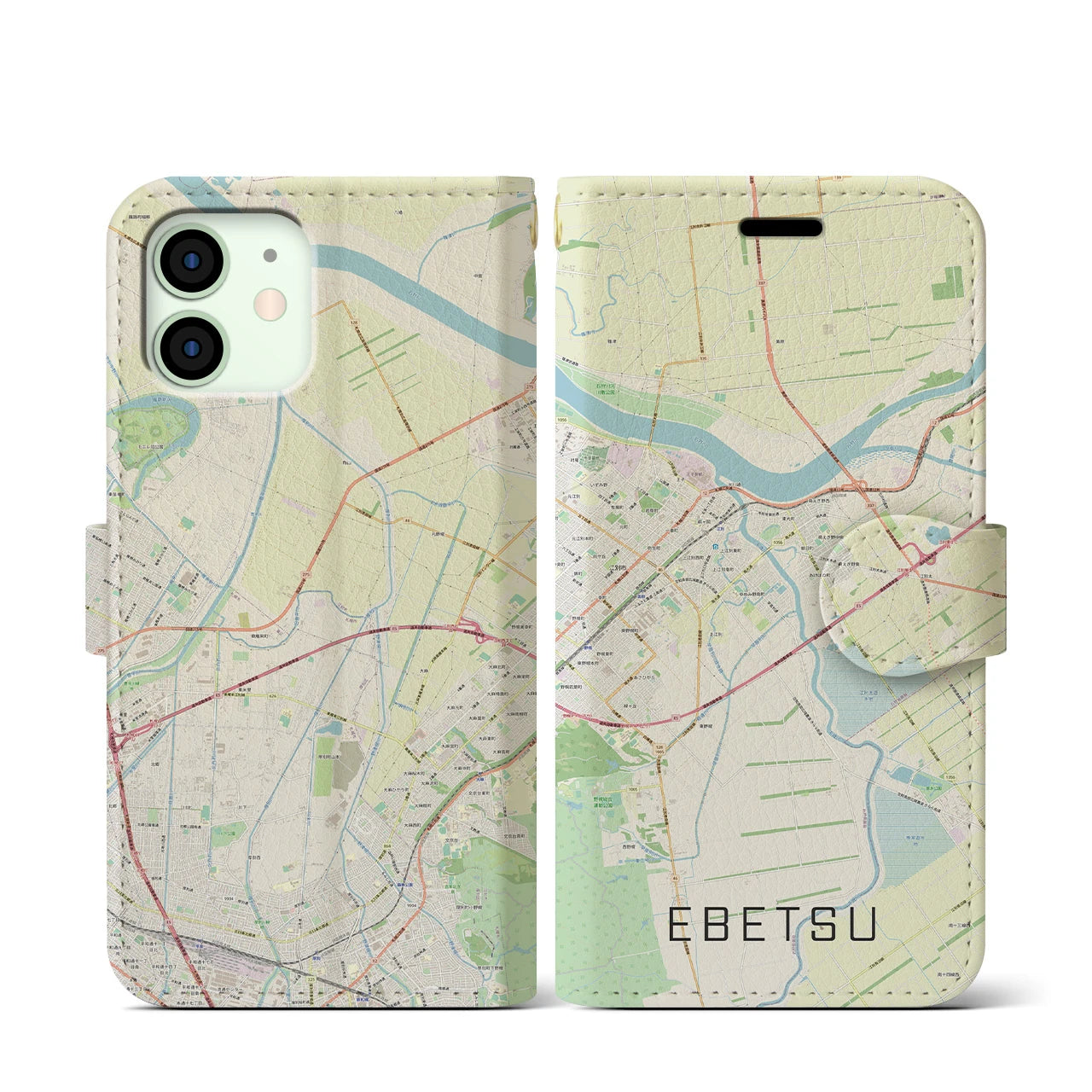 【江別(北海道)】地図柄iPhoneケース(手帳タイプ)ナチュラル・iPhone 12 mini 用