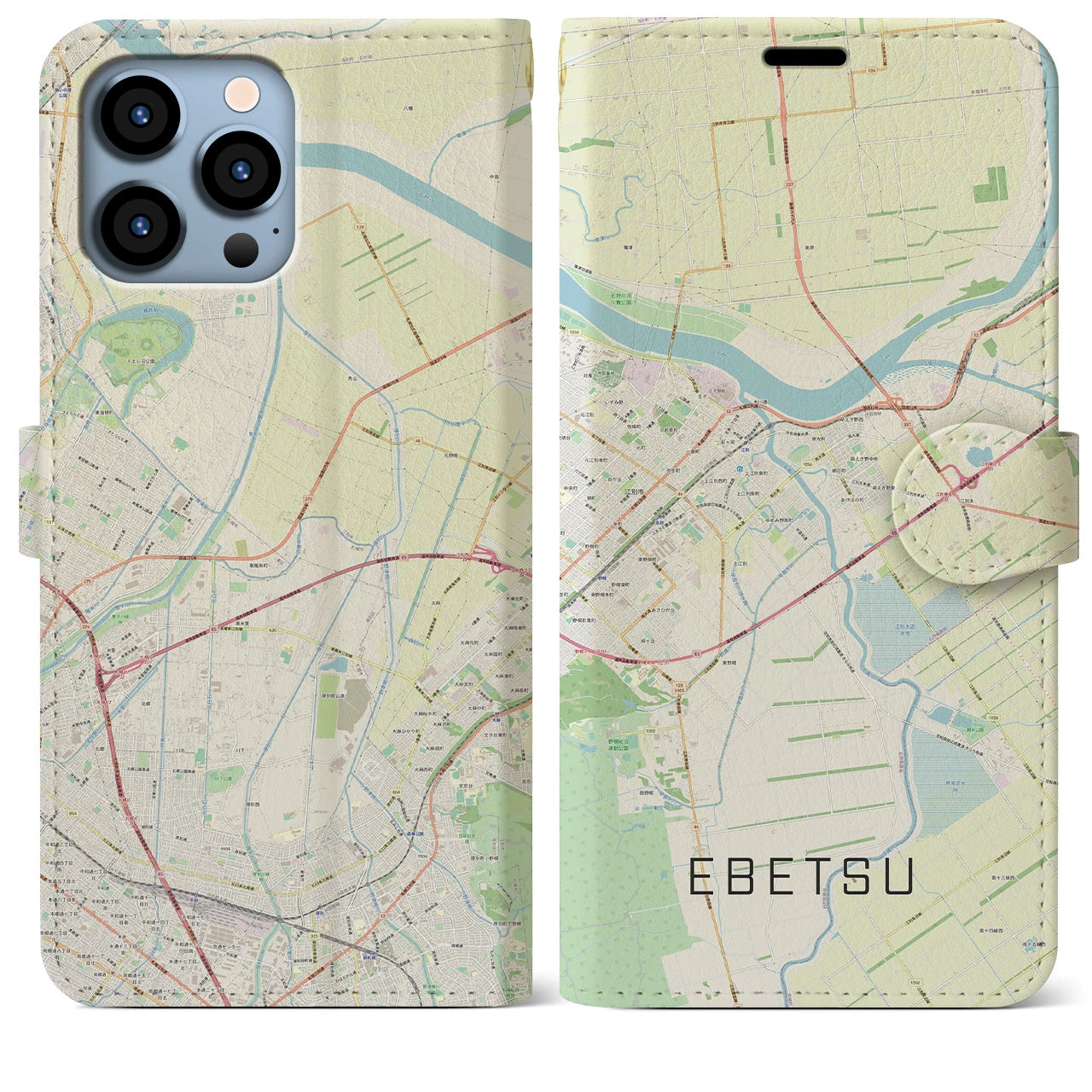 【江別(北海道)】地図柄iPhoneケース(手帳タイプ)ナチュラル・iPhone 13 Pro Max 用