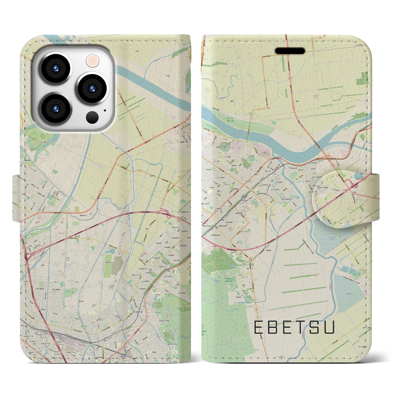 【江別(北海道)】地図柄iPhoneケース(手帳タイプ)ナチュラル・iPhone 13 Pro 用
