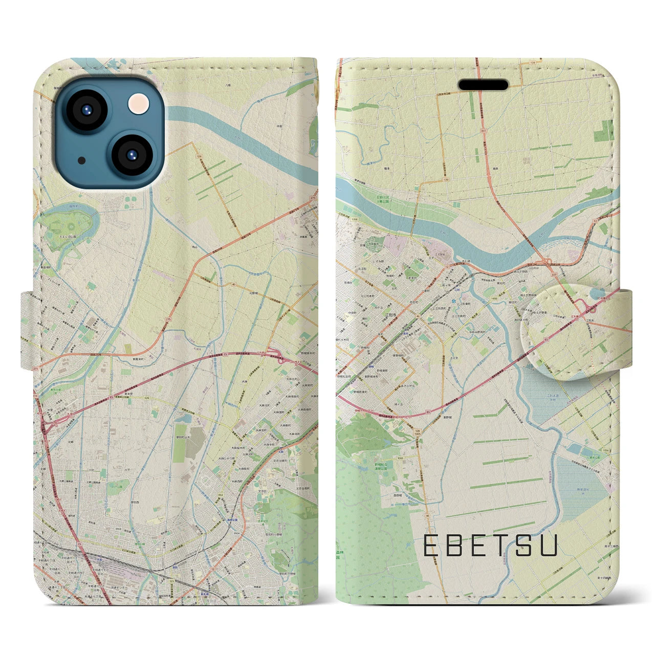 【江別(北海道)】地図柄iPhoneケース(手帳タイプ)ナチュラル・iPhone 13 用
