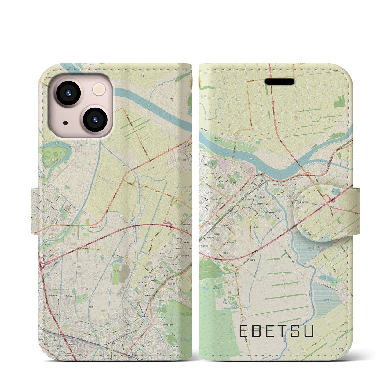 【江別(北海道)】地図柄iPhoneケース(手帳タイプ)ナチュラル・iPhone 13 mini 用