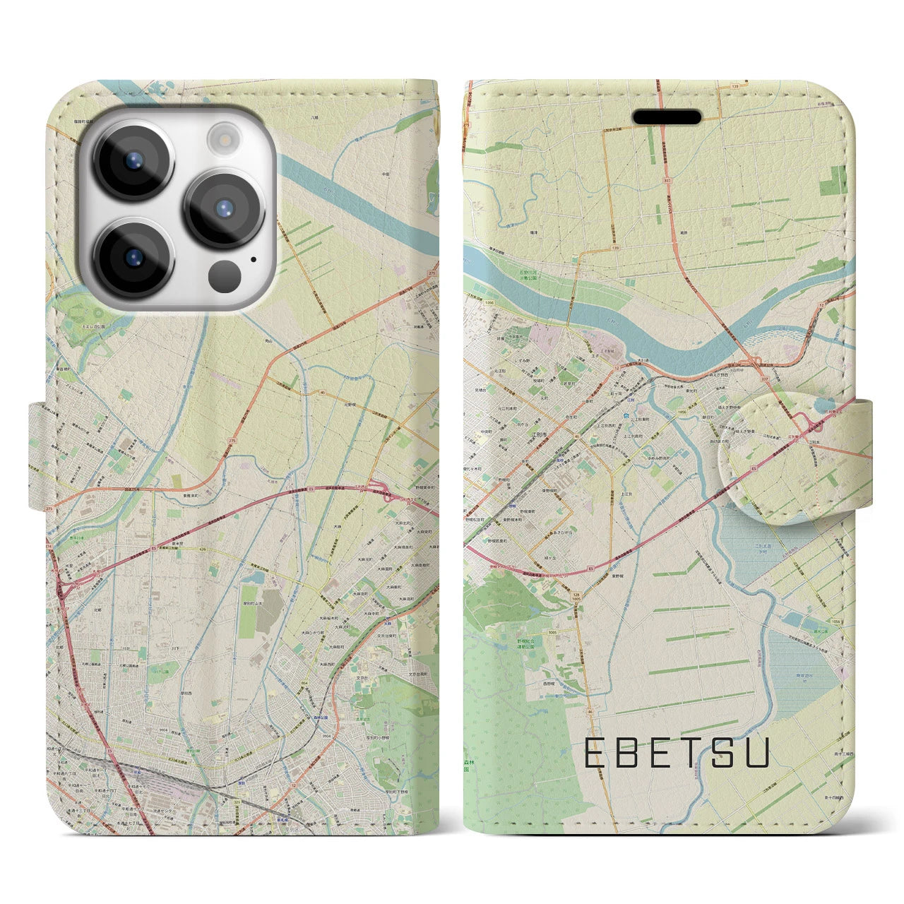 【江別(北海道)】地図柄iPhoneケース(手帳タイプ)ナチュラル・iPhone 14 Pro 用