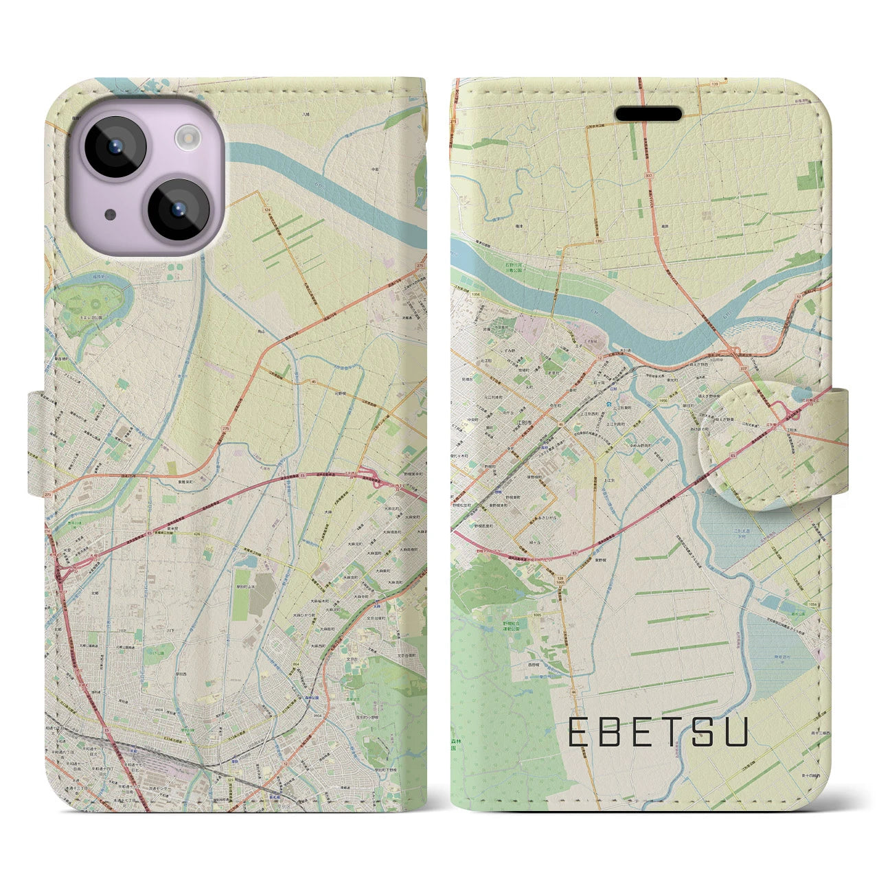 【江別(北海道)】地図柄iPhoneケース(手帳タイプ)ナチュラル・iPhone 14 用