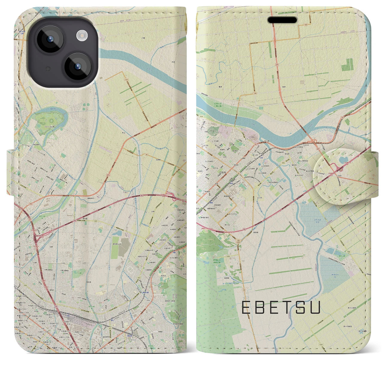 【江別(北海道)】地図柄iPhoneケース(手帳タイプ)ナチュラル・iPhone 14 Plus 用