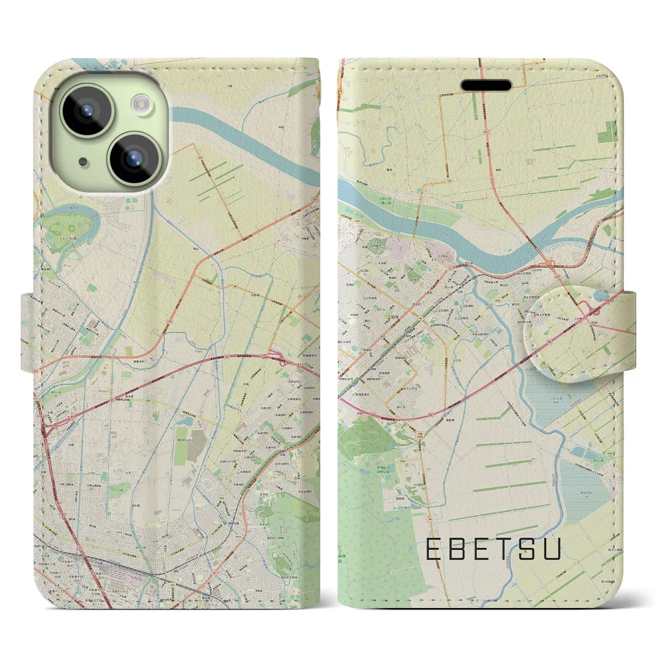 【江別(北海道)】地図柄iPhoneケース(手帳タイプ)ナチュラル・iPhone 15 用