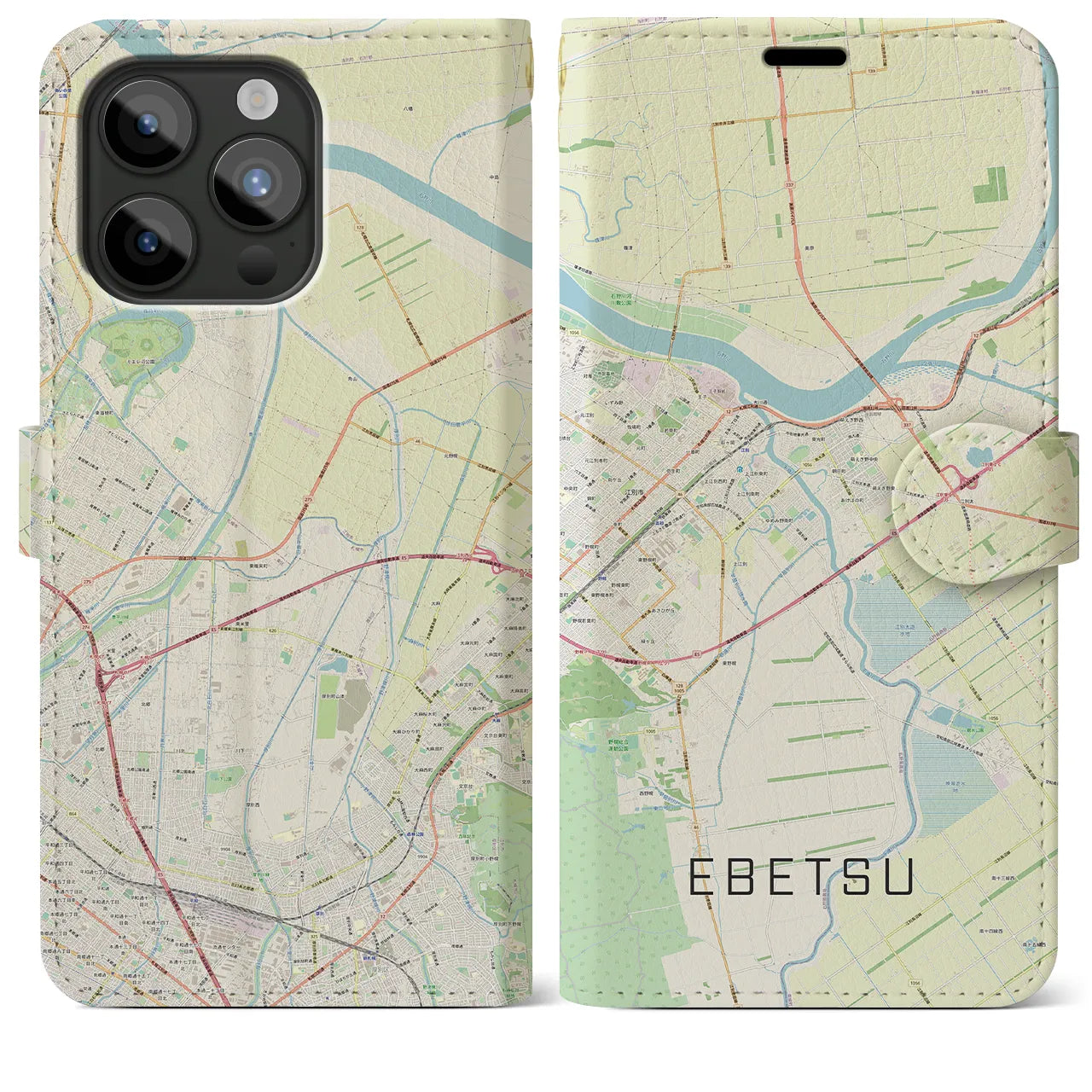 【江別(北海道)】地図柄iPhoneケース(手帳タイプ)ナチュラル・iPhone 15 Pro Max 用