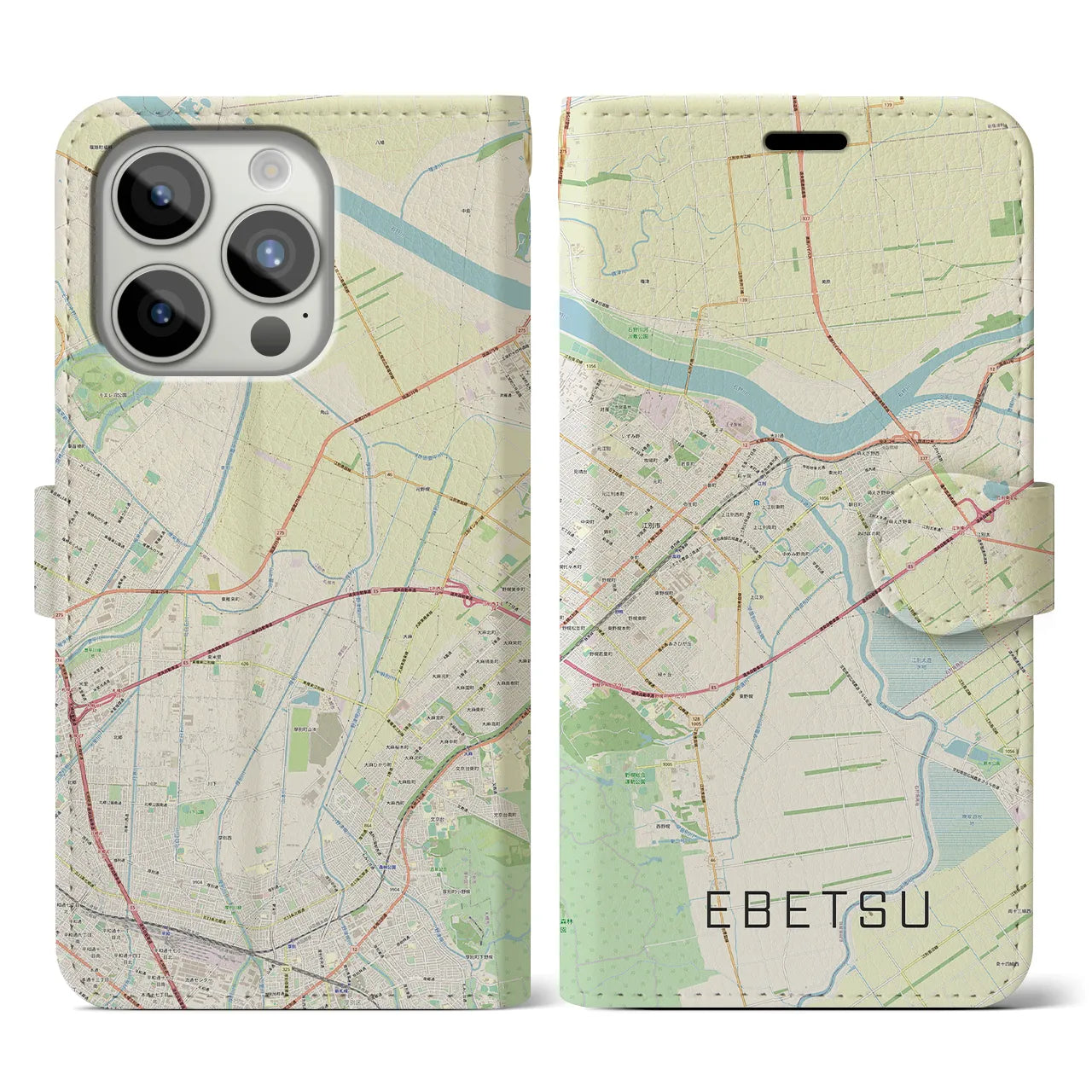 【江別(北海道)】地図柄iPhoneケース(手帳タイプ)ナチュラル・iPhone 15 Pro 用
