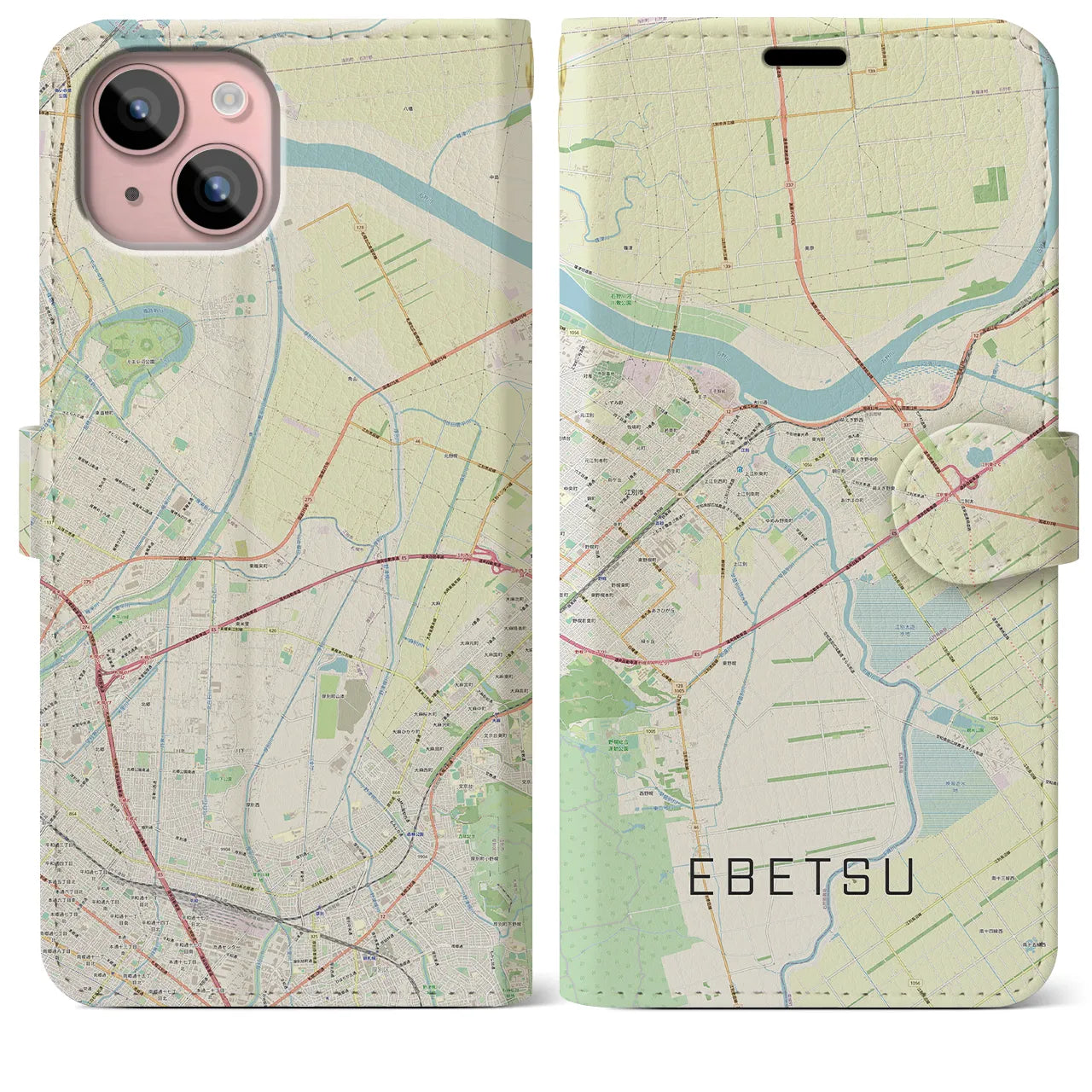【江別(北海道)】地図柄iPhoneケース(手帳タイプ)ナチュラル・iPhone 15 Plus 用