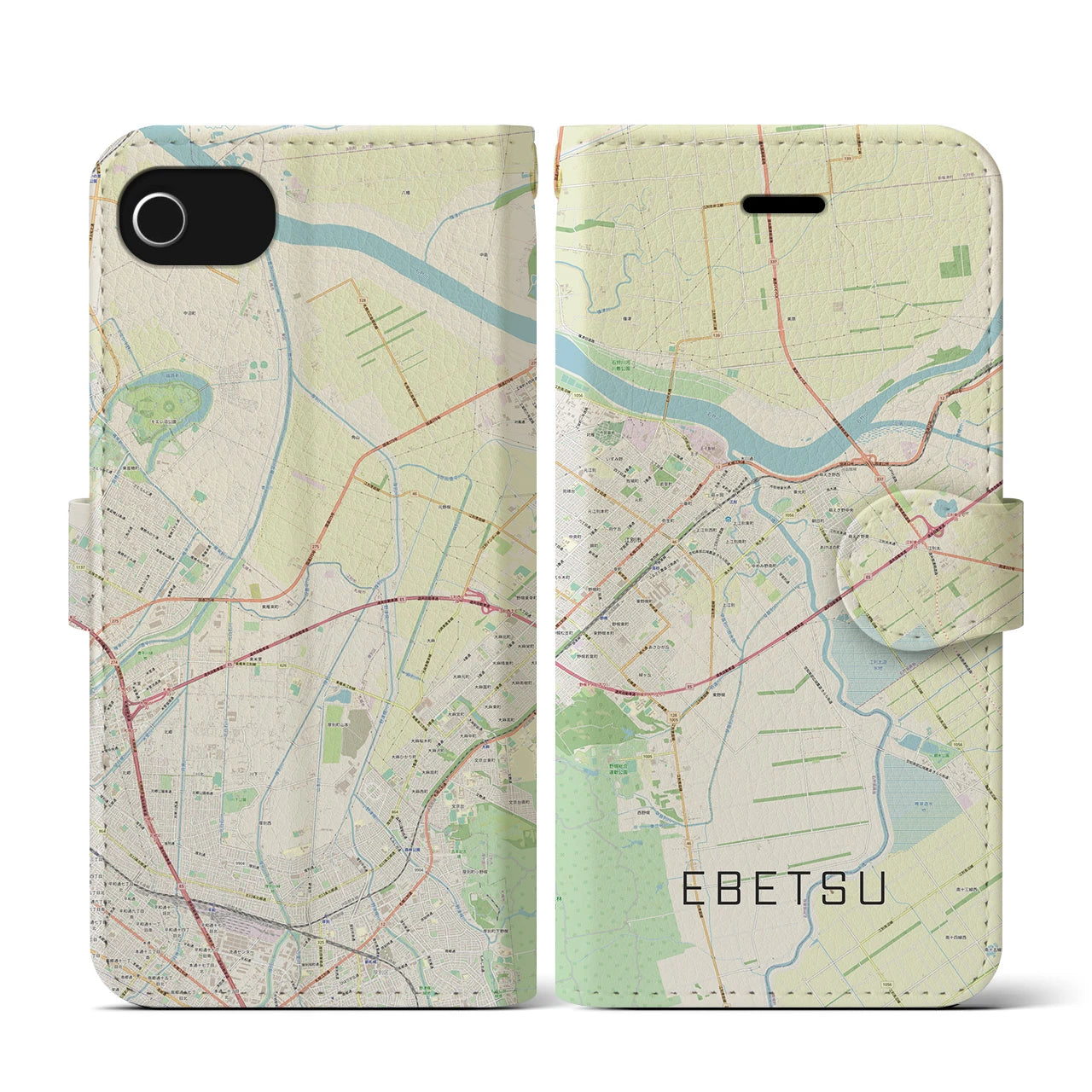 【江別(北海道)】地図柄iPhoneケース(手帳タイプ)ナチュラル・iPhone SE(第3 / 第2世代) / 8 / 7 / 6s / 6 用