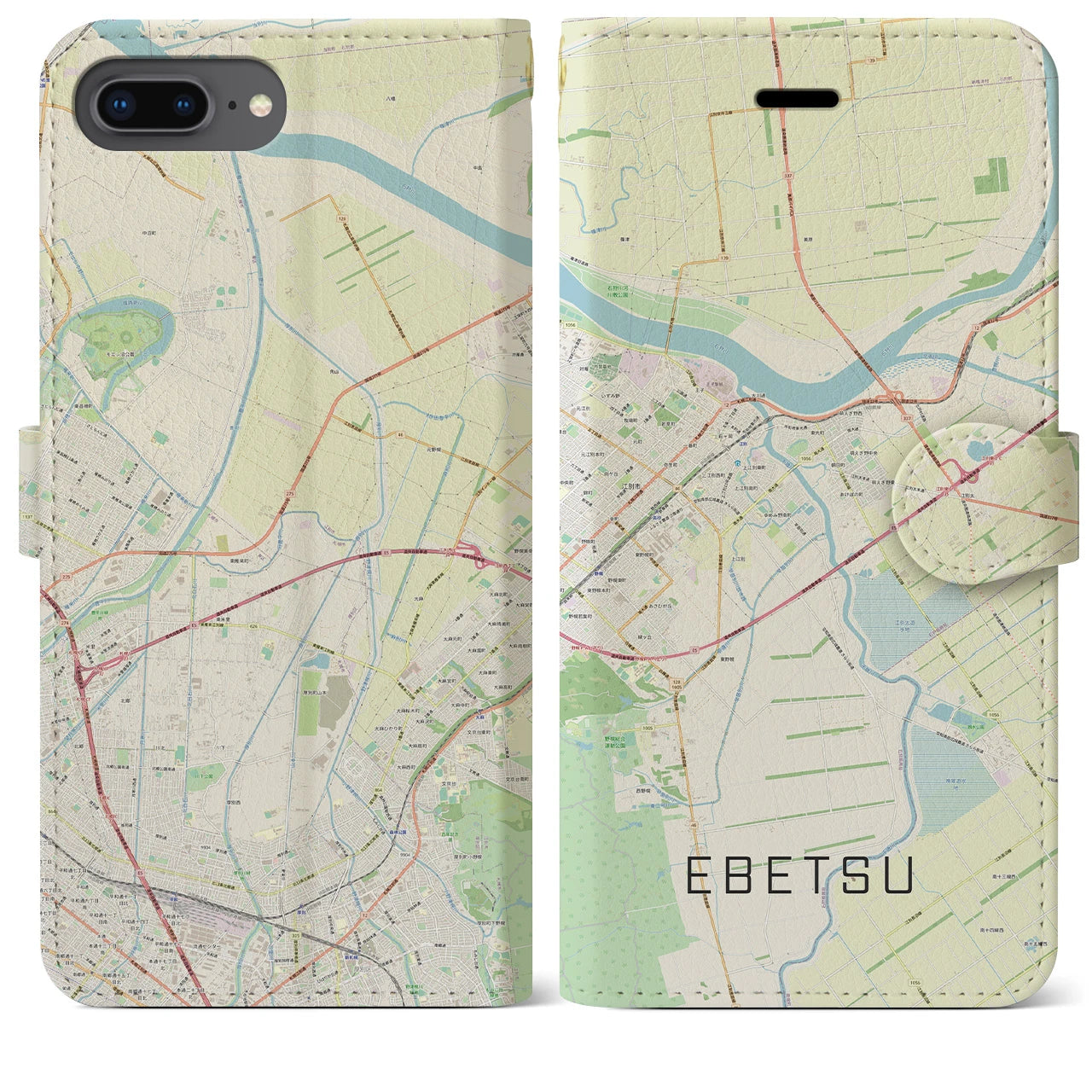 【江別(北海道)】地図柄iPhoneケース(手帳タイプ)ナチュラル・iPhone 8Plus /7Plus / 6sPlus / 6Plus 用