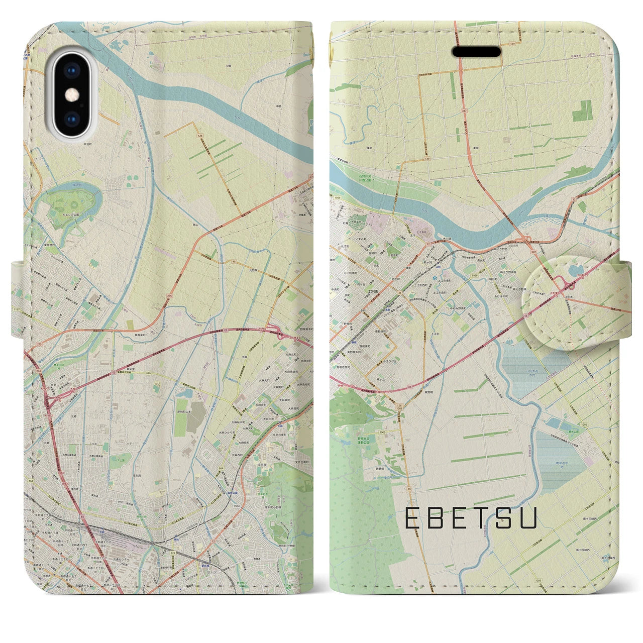 【江別(北海道)】地図柄iPhoneケース(手帳タイプ)ナチュラル・iPhone XS Max 用