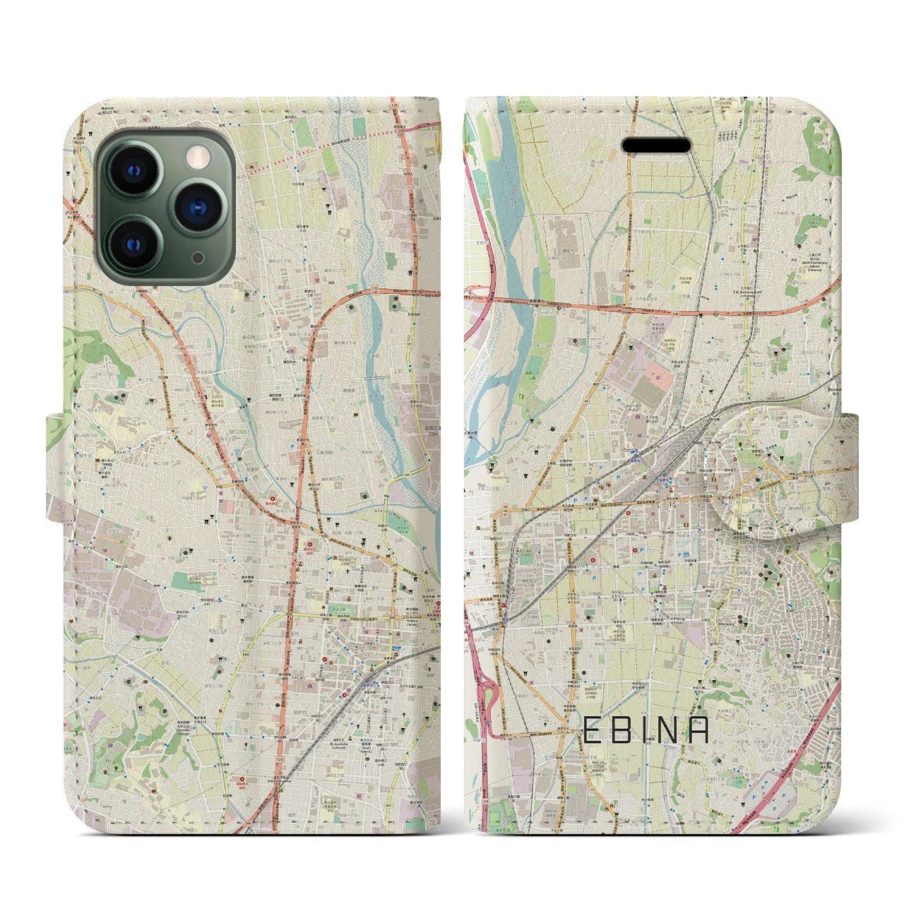 【海老名(神奈川県)】地図柄iPhoneケース(手帳タイプ)ナチュラル・iPhone 11 Pro 用