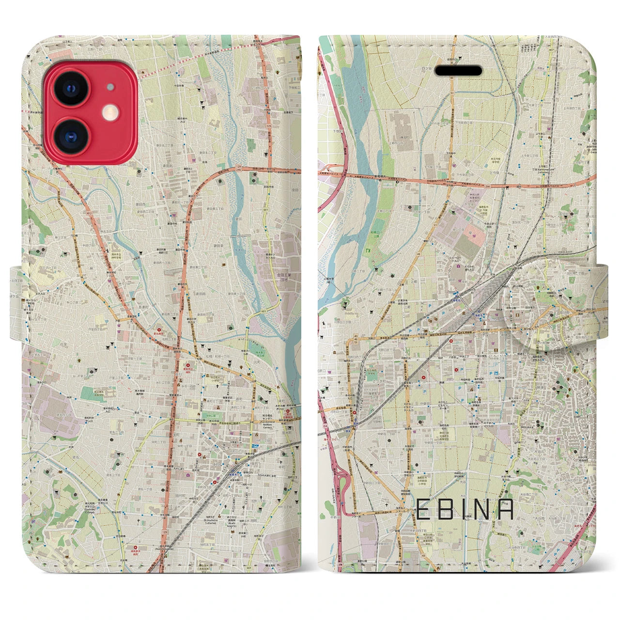 【海老名(神奈川県)】地図柄iPhoneケース(手帳タイプ)ナチュラル・iPhone 11 用