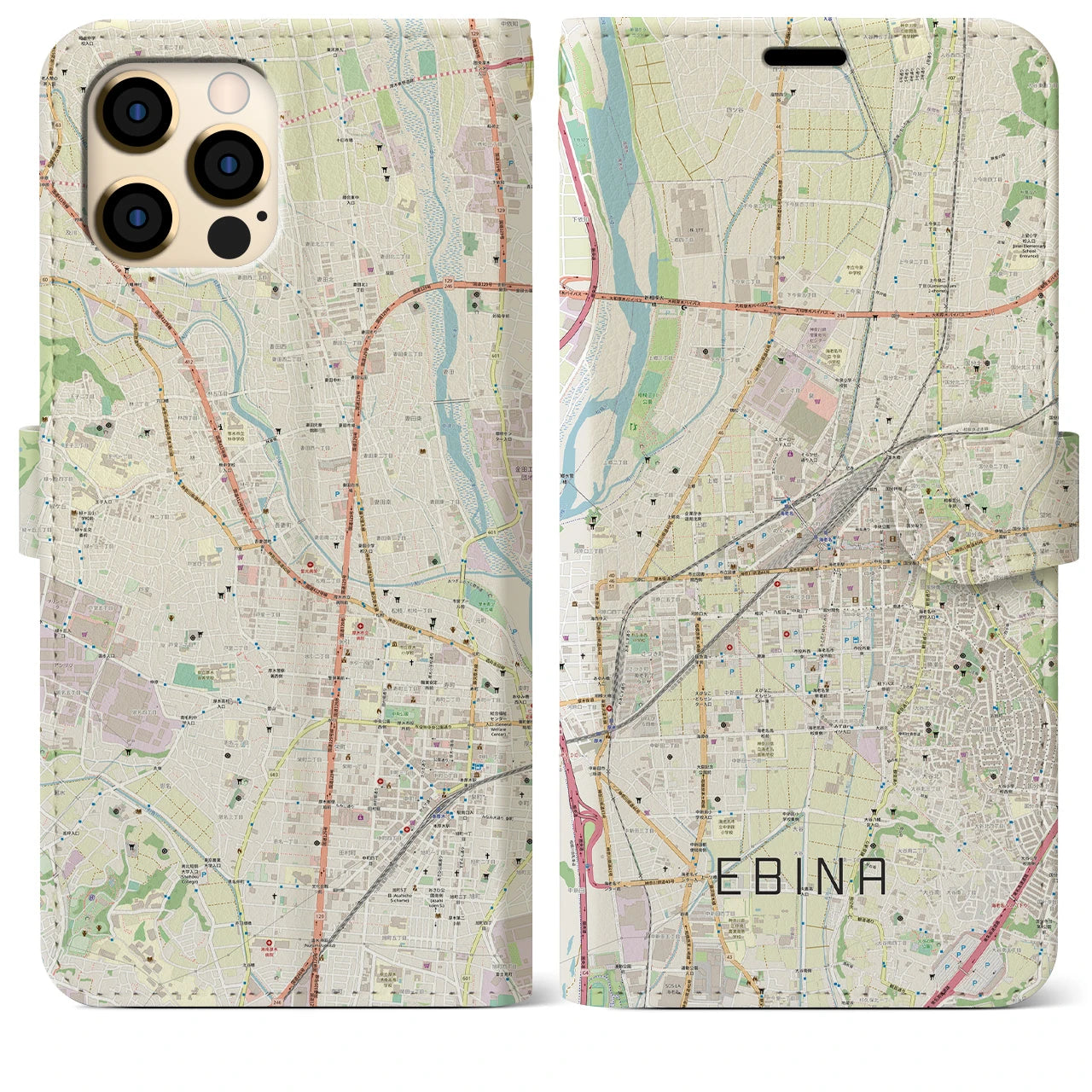 【海老名(神奈川県)】地図柄iPhoneケース(手帳タイプ)ナチュラル・iPhone 12 Pro Max 用