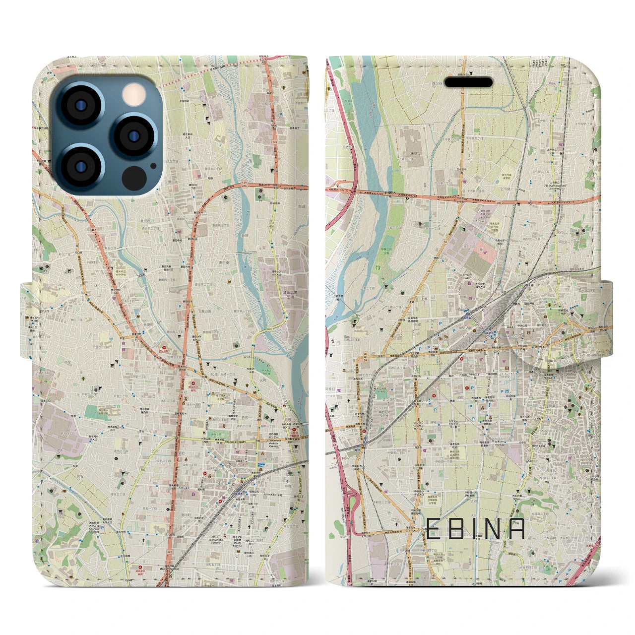 【海老名(神奈川県)】地図柄iPhoneケース(手帳タイプ)ナチュラル・iPhone 12 / 12 Pro 用