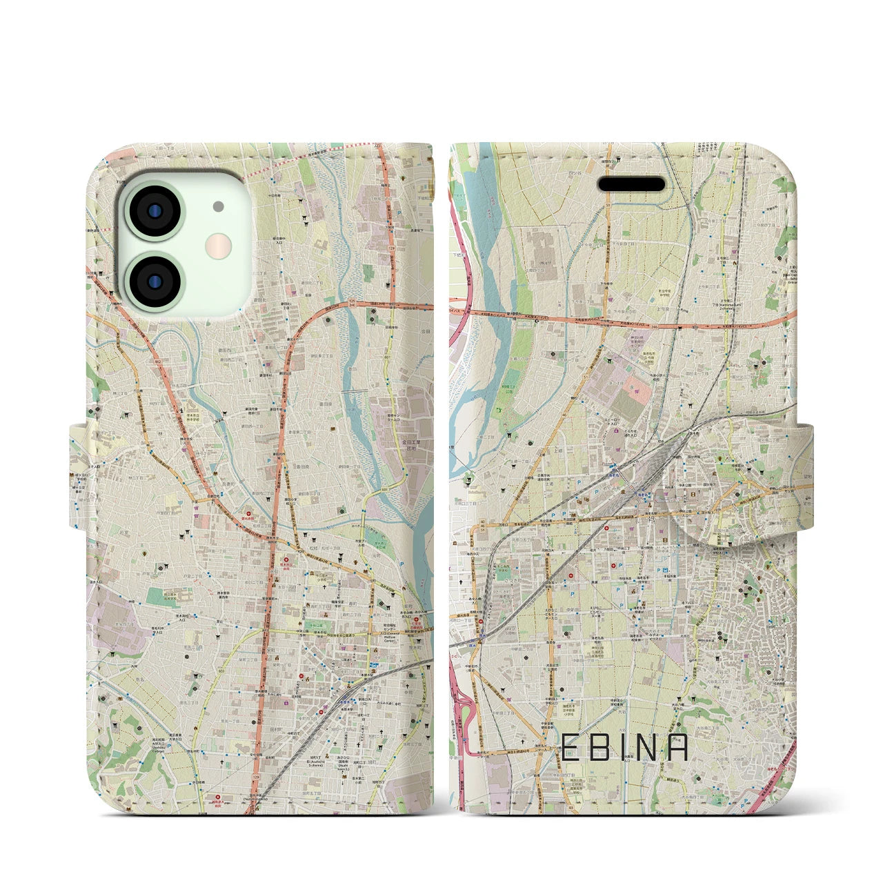 【海老名(神奈川県)】地図柄iPhoneケース(手帳タイプ)ナチュラル・iPhone 12 mini 用