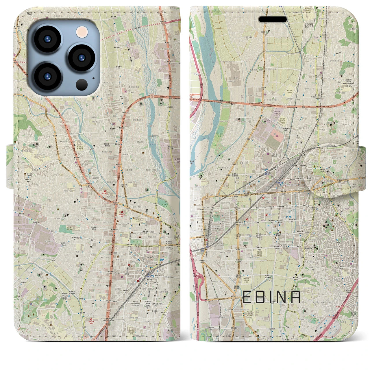 【海老名(神奈川県)】地図柄iPhoneケース(手帳タイプ)ナチュラル・iPhone 13 Pro Max 用