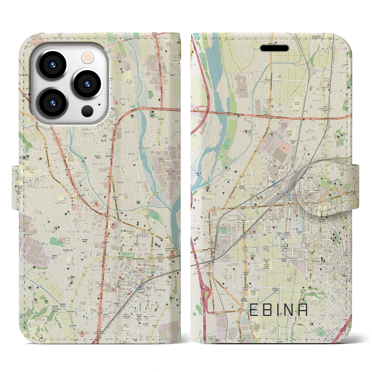 【海老名(神奈川県)】地図柄iPhoneケース(手帳タイプ)ナチュラル・iPhone 13 Pro 用