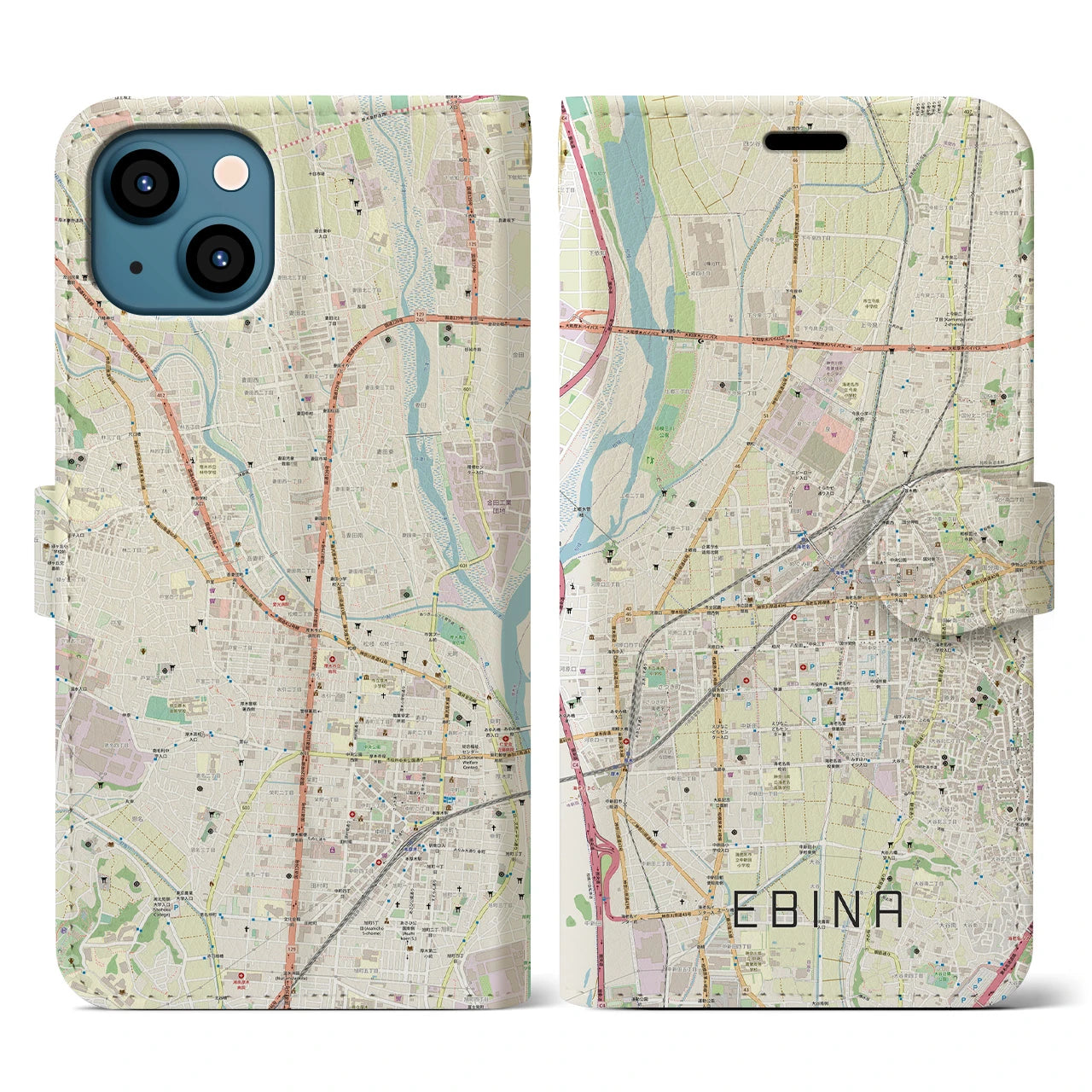 【海老名(神奈川県)】地図柄iPhoneケース(手帳タイプ)ナチュラル・iPhone 13 用