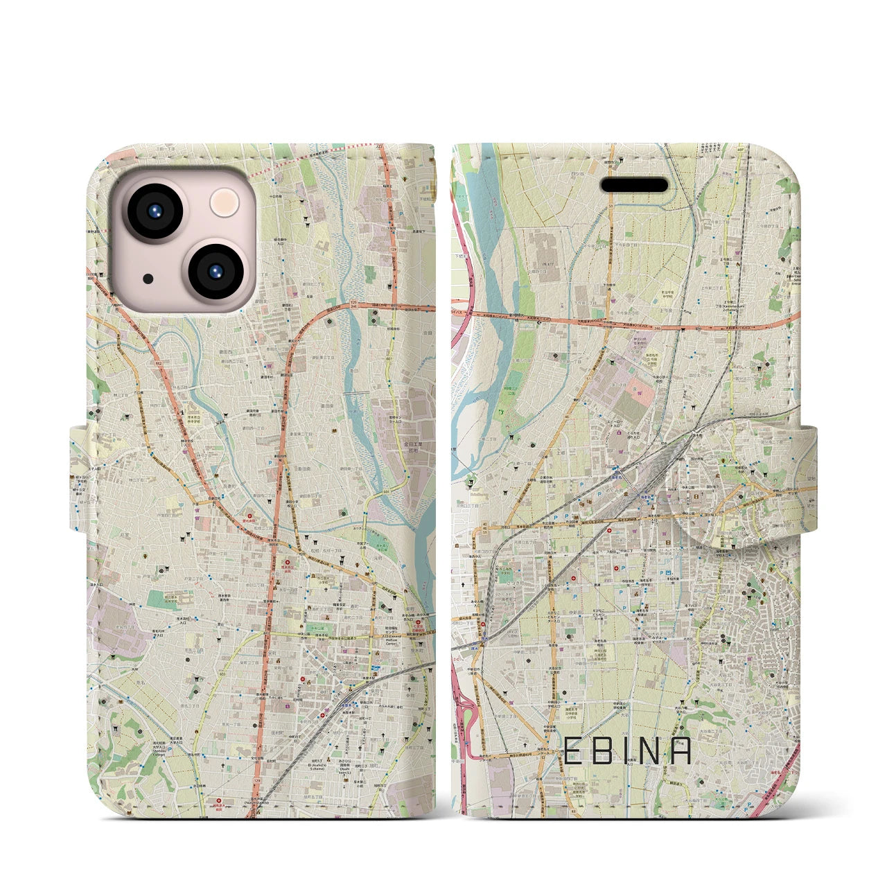 【海老名(神奈川県)】地図柄iPhoneケース(手帳タイプ)ナチュラル・iPhone 13 mini 用