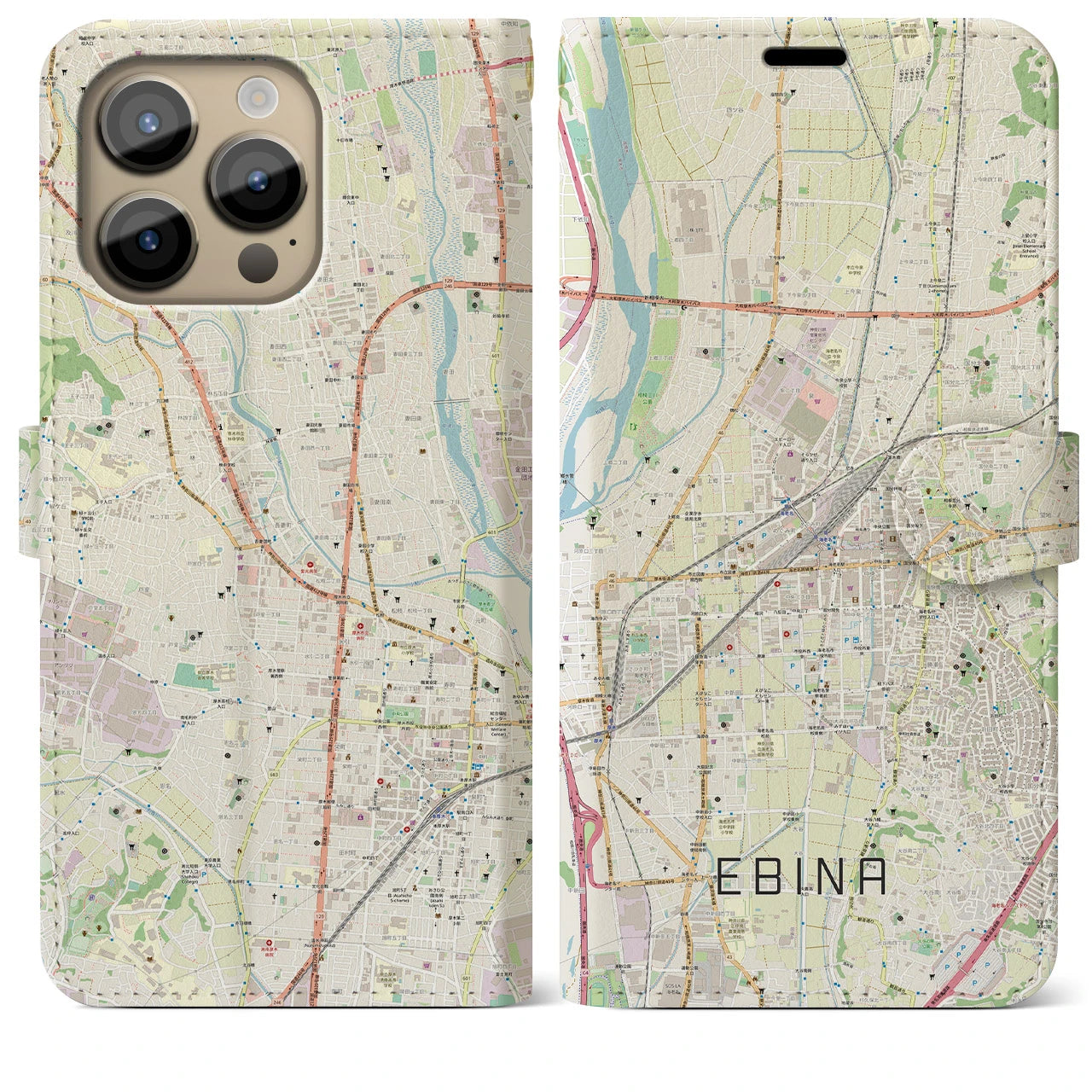 【海老名(神奈川県)】地図柄iPhoneケース(手帳タイプ)ナチュラル・iPhone 14 Pro Max 用