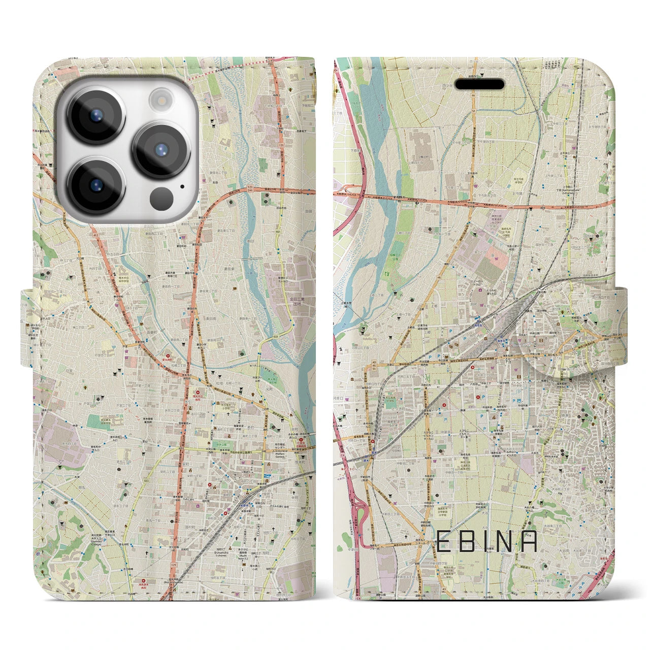 【海老名(神奈川県)】地図柄iPhoneケース(手帳タイプ)ナチュラル・iPhone 14 Pro 用