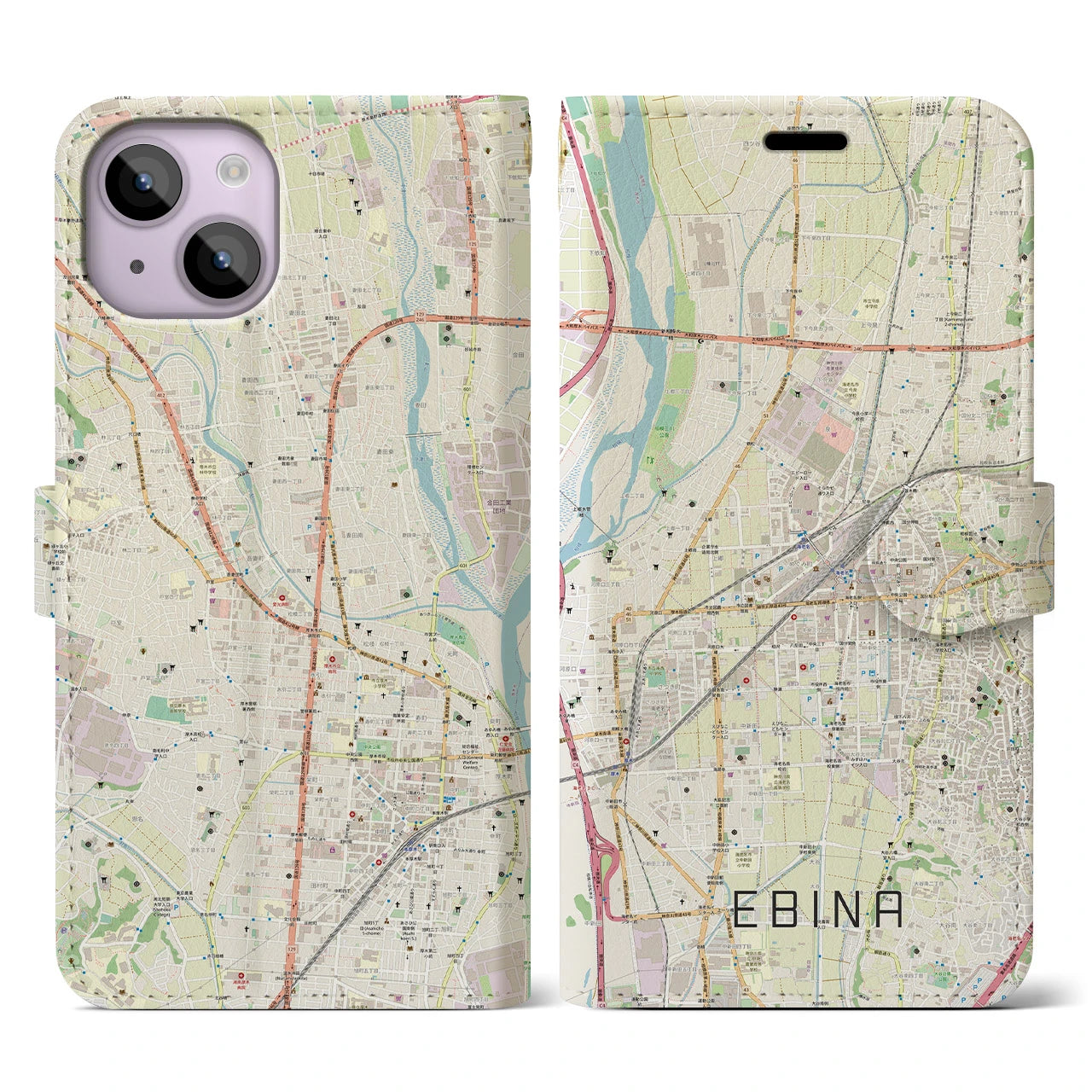 【海老名(神奈川県)】地図柄iPhoneケース(手帳タイプ)ナチュラル・iPhone 14 用