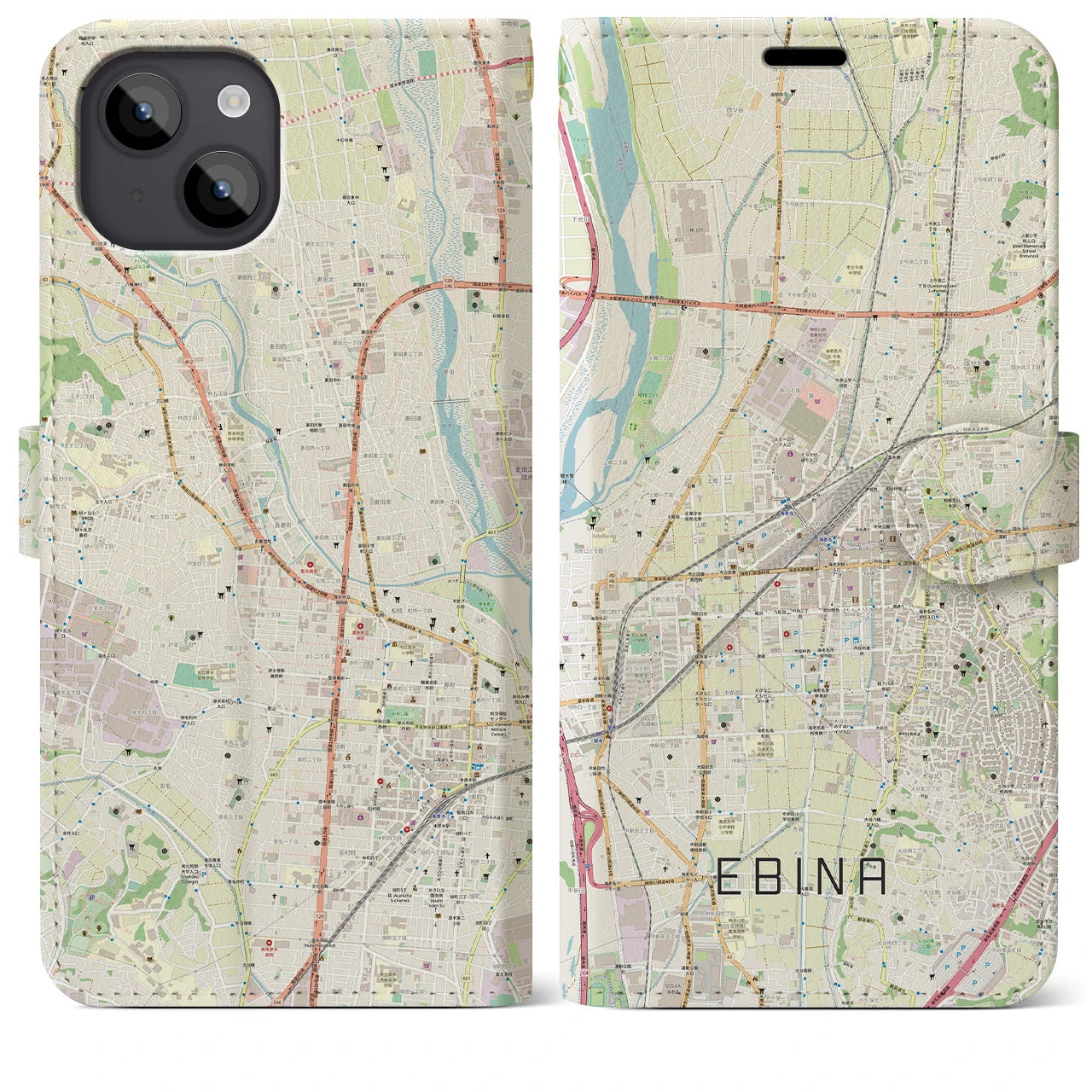 【海老名(神奈川県)】地図柄iPhoneケース(手帳タイプ)ナチュラル・iPhone 14 Plus 用