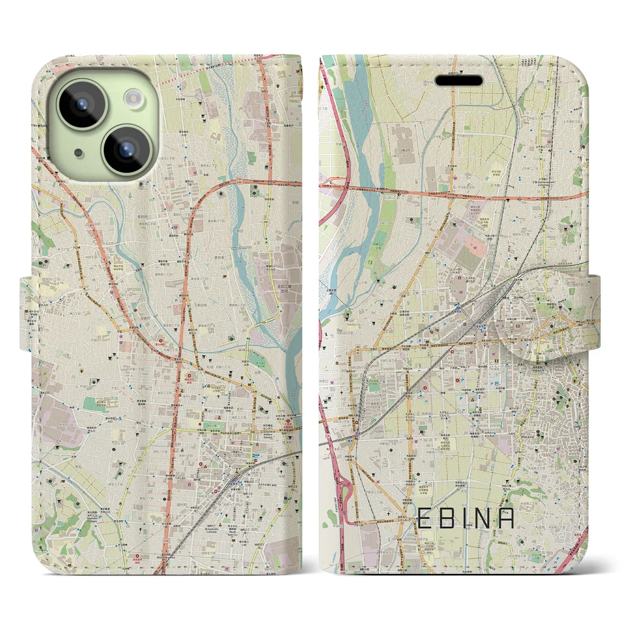 【海老名(神奈川県)】地図柄iPhoneケース(手帳タイプ)ナチュラル・iPhone 15 用