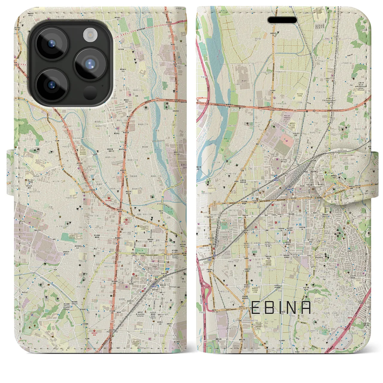 【海老名(神奈川県)】地図柄iPhoneケース(手帳タイプ)ナチュラル・iPhone 15 Pro Max 用