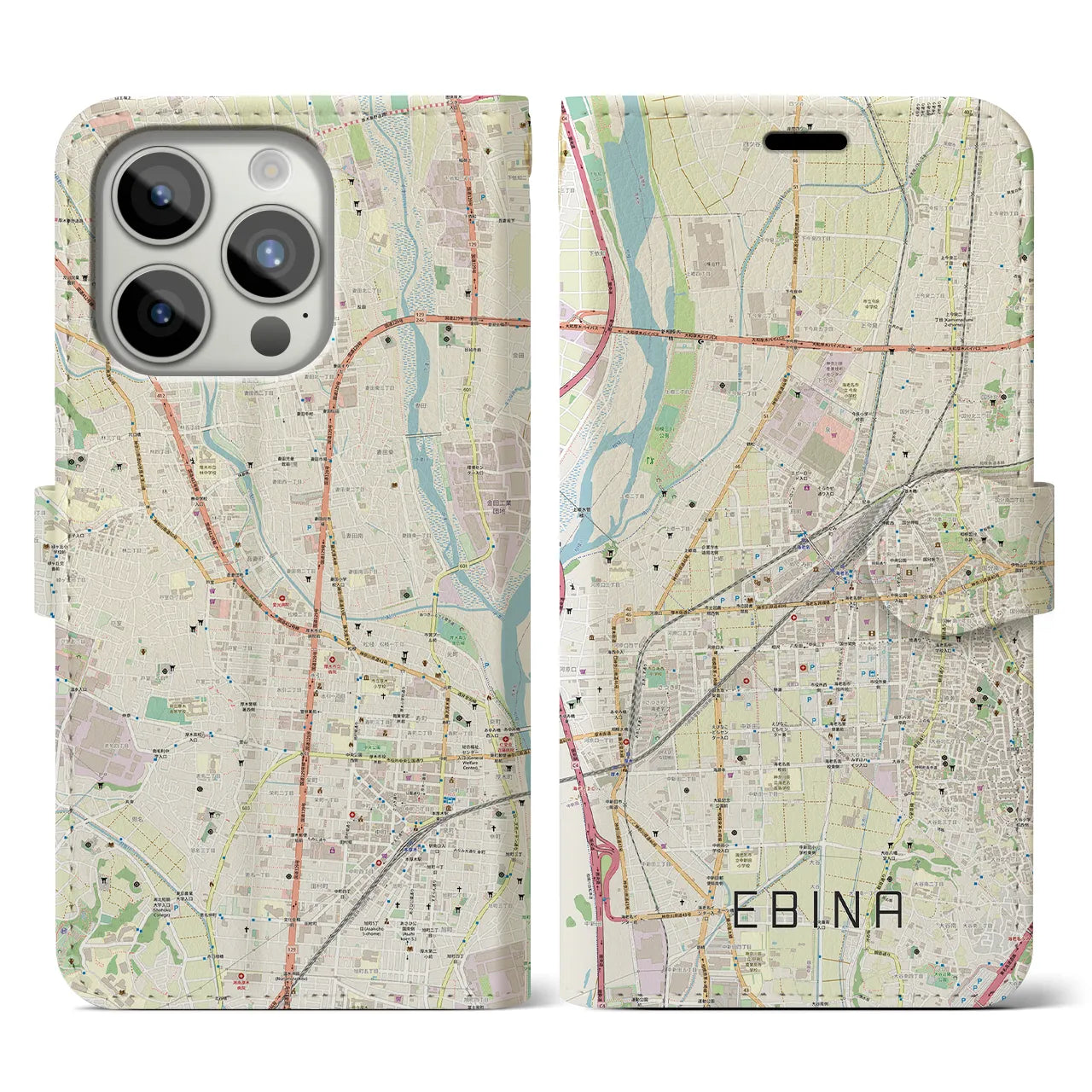 【海老名(神奈川県)】地図柄iPhoneケース(手帳タイプ)ナチュラル・iPhone 15 Pro 用