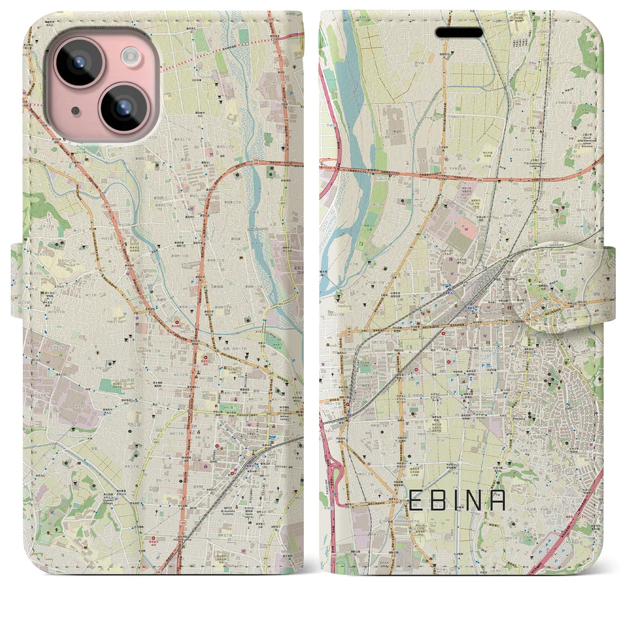【海老名(神奈川県)】地図柄iPhoneケース(手帳タイプ)ナチュラル・iPhone 15 Plus 用