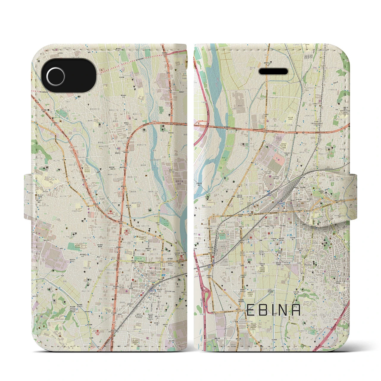 【海老名(神奈川県)】地図柄iPhoneケース(手帳タイプ)ナチュラル・iPhone SE(第3 / 第2世代) / 8 / 7 / 6s / 6 用